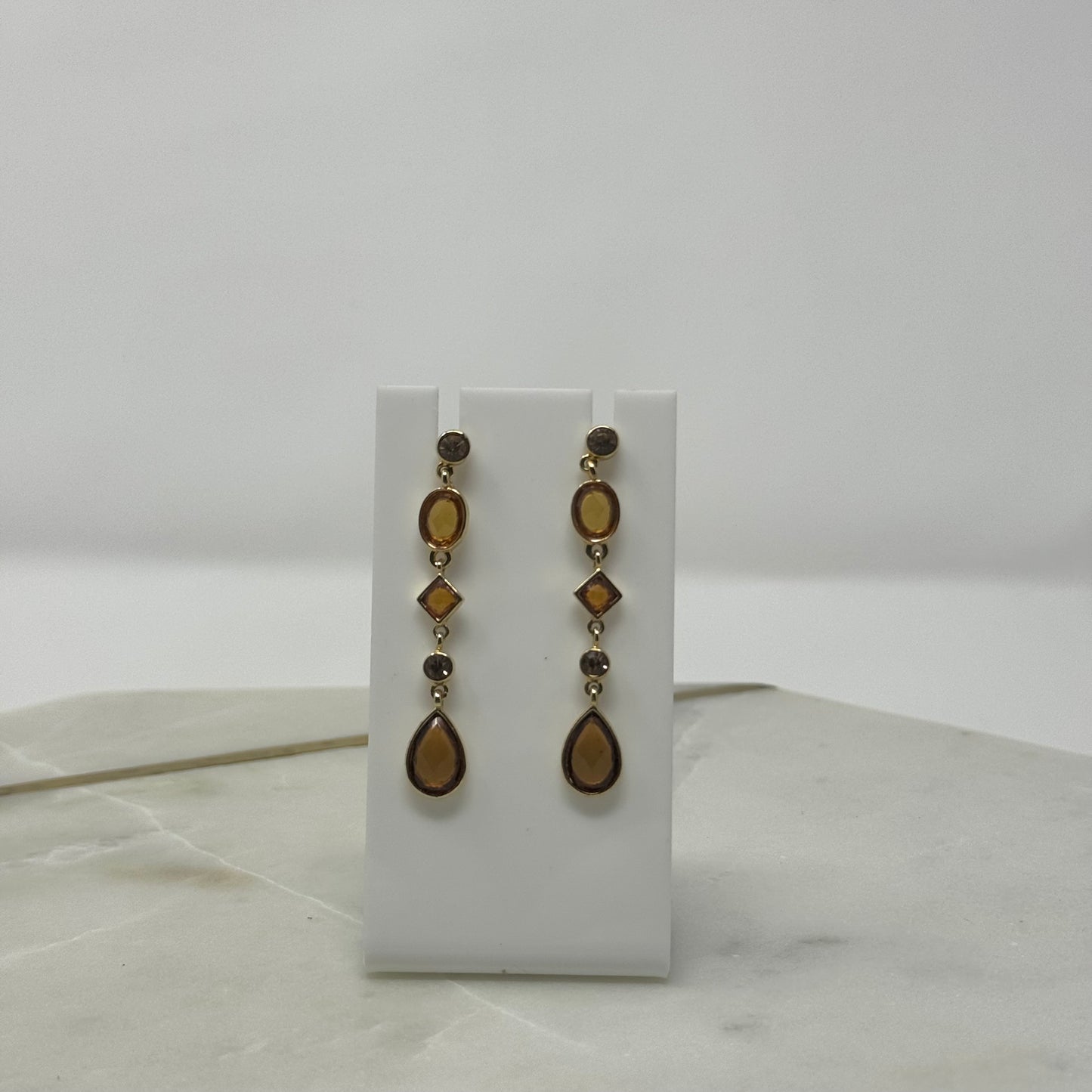 Orange Faceted Gold Tone Dangle Stud Earrings
