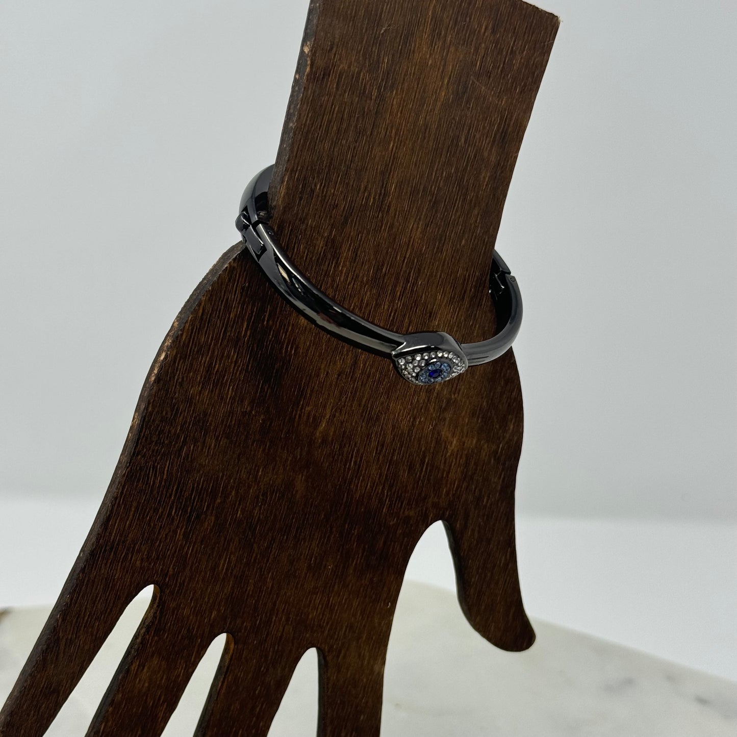 Bracelet Boho Blue Eye Rhinestone Metal Hinge Bangle Gun Metal Tone 7.75 in