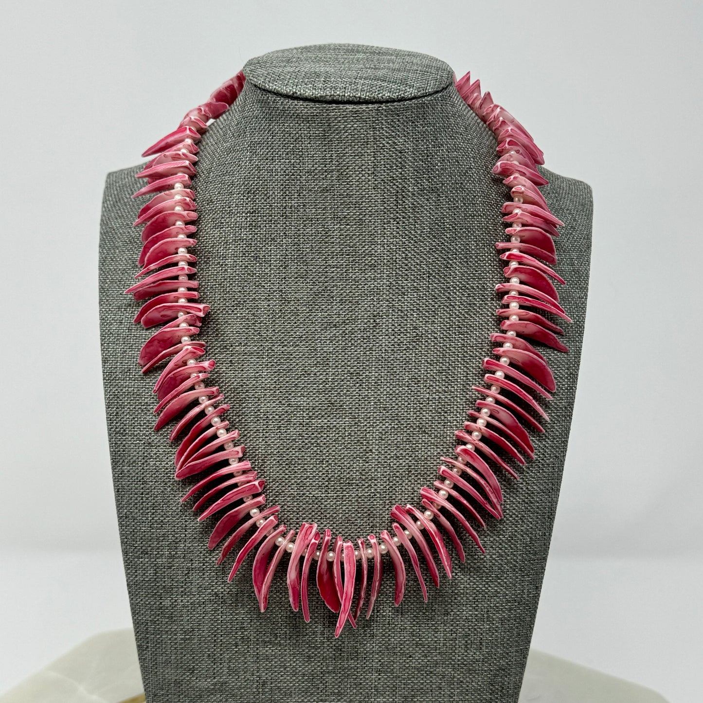 Unique Pink Shell Spike Necklace with Pearl Accents - Handmade Boho Statement Jewelry