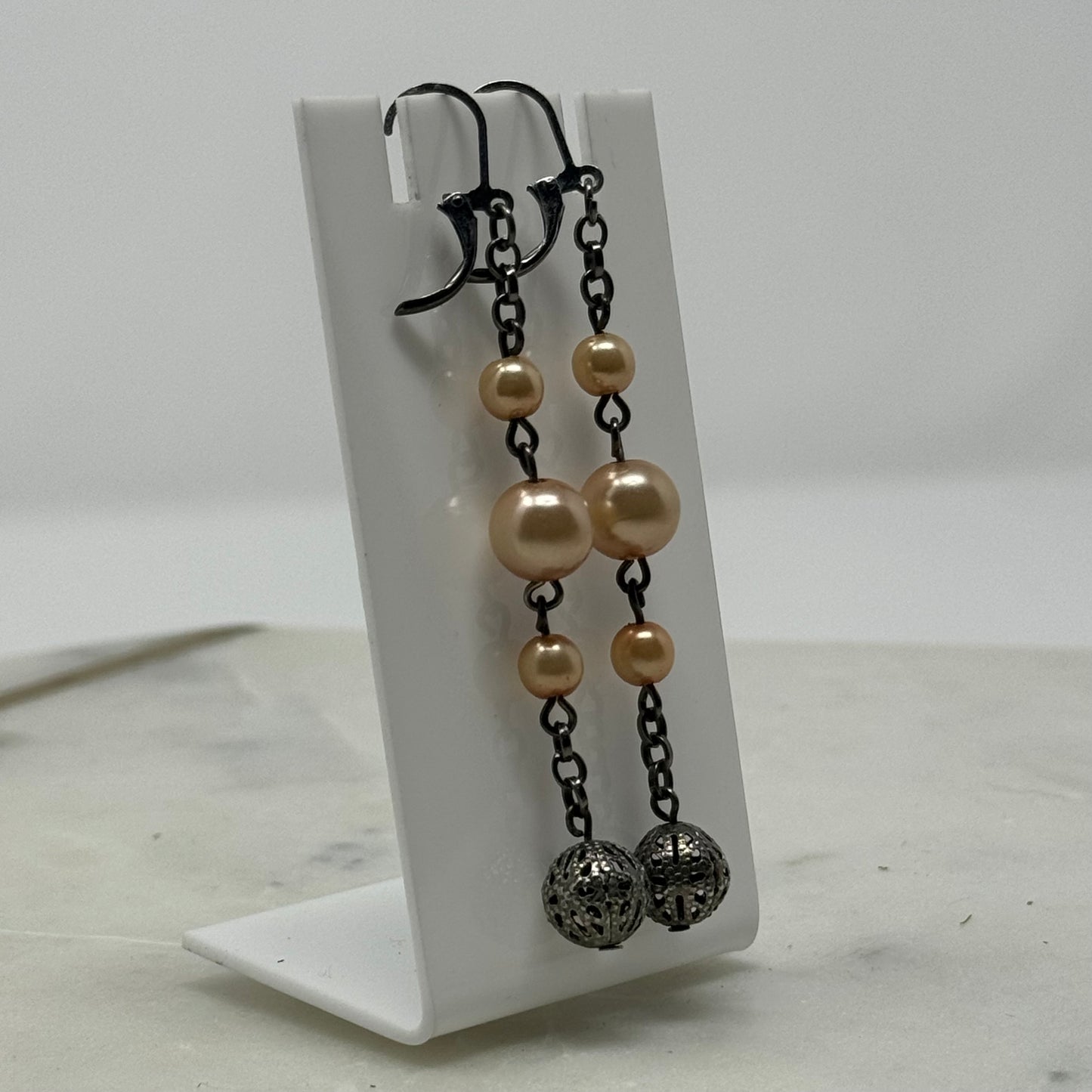 Peach Pearl Dangle Statement Leverback Earrings