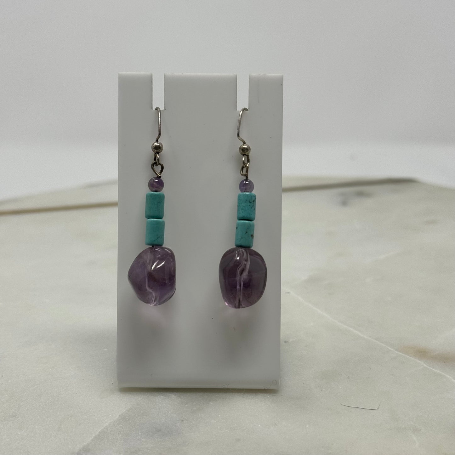 Earrings Boho Southwest Hook Dangles Turquoise & Purple Beaded Stone 2.5 in