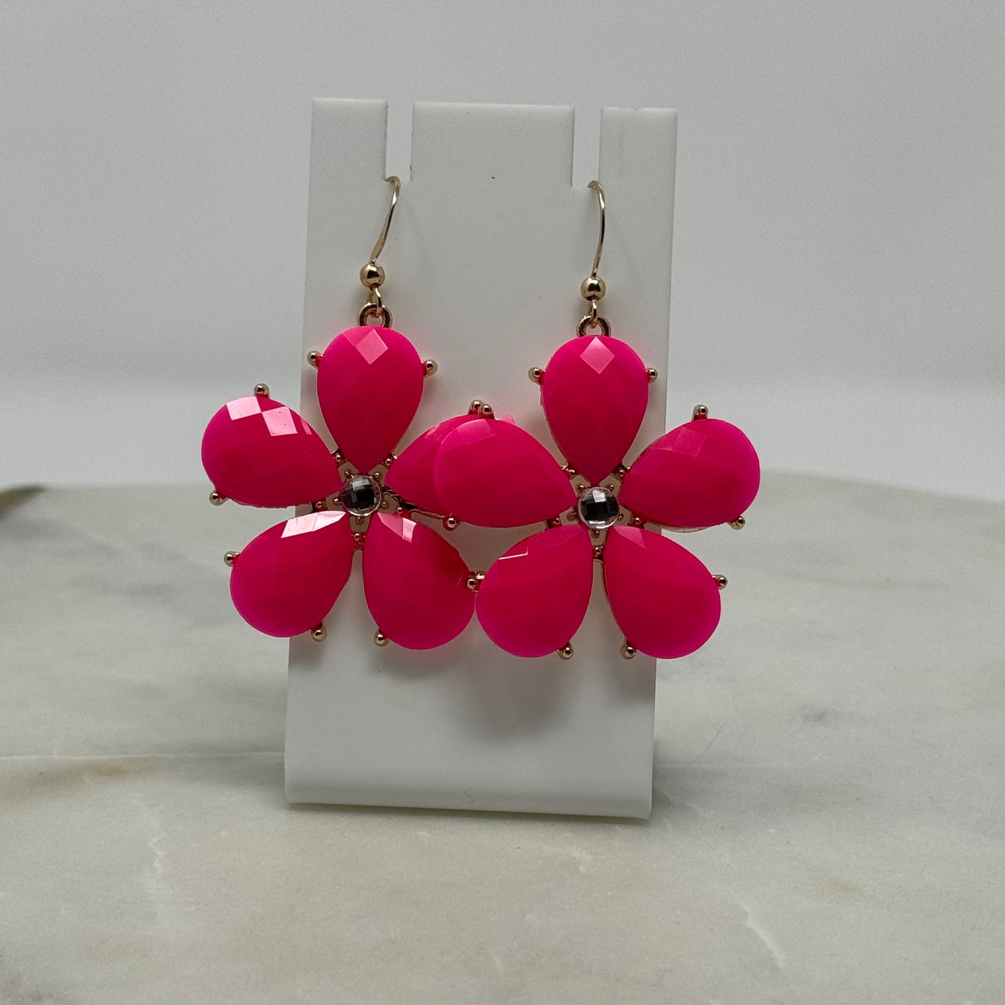 Vibrant Pink Flower Rhinestone Dangle Hook Earrings