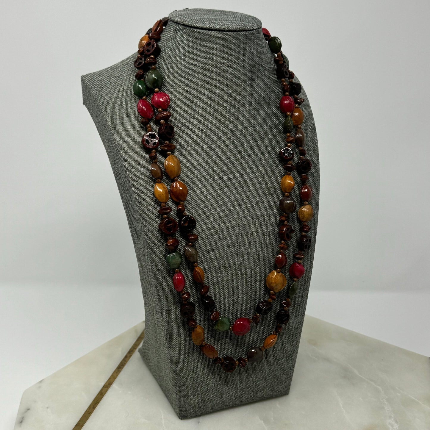 Artisan Hand-carved Bead Necklace - Boho Multi-Colored Statement Jewelry Handmade