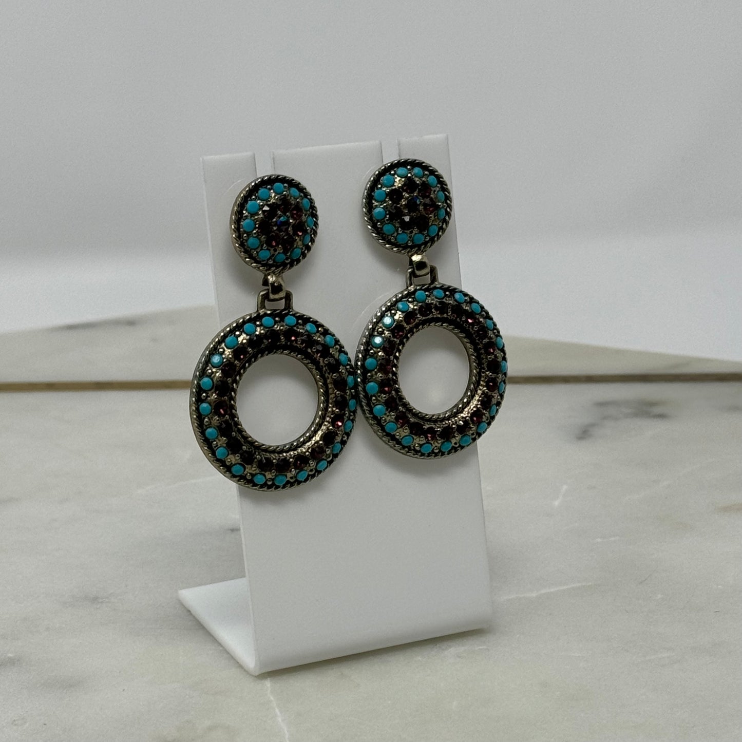 Earrings Boho Southwest Round Stud Dangles Blue Silver Tone Stud 2 in Drop
