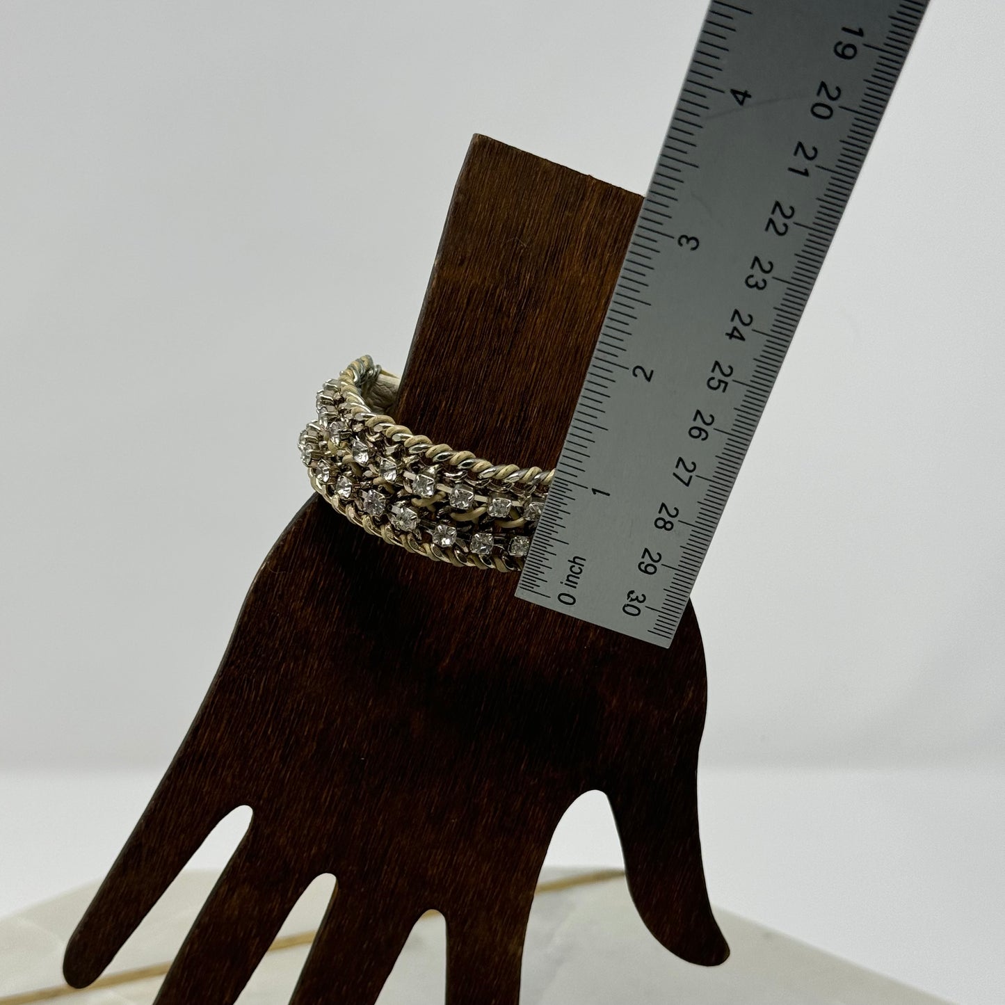 Bracelet Boho Southwest Woven Braided Beige Leather Silvertone Rhinestone Cuff Bangle 7.75 in
