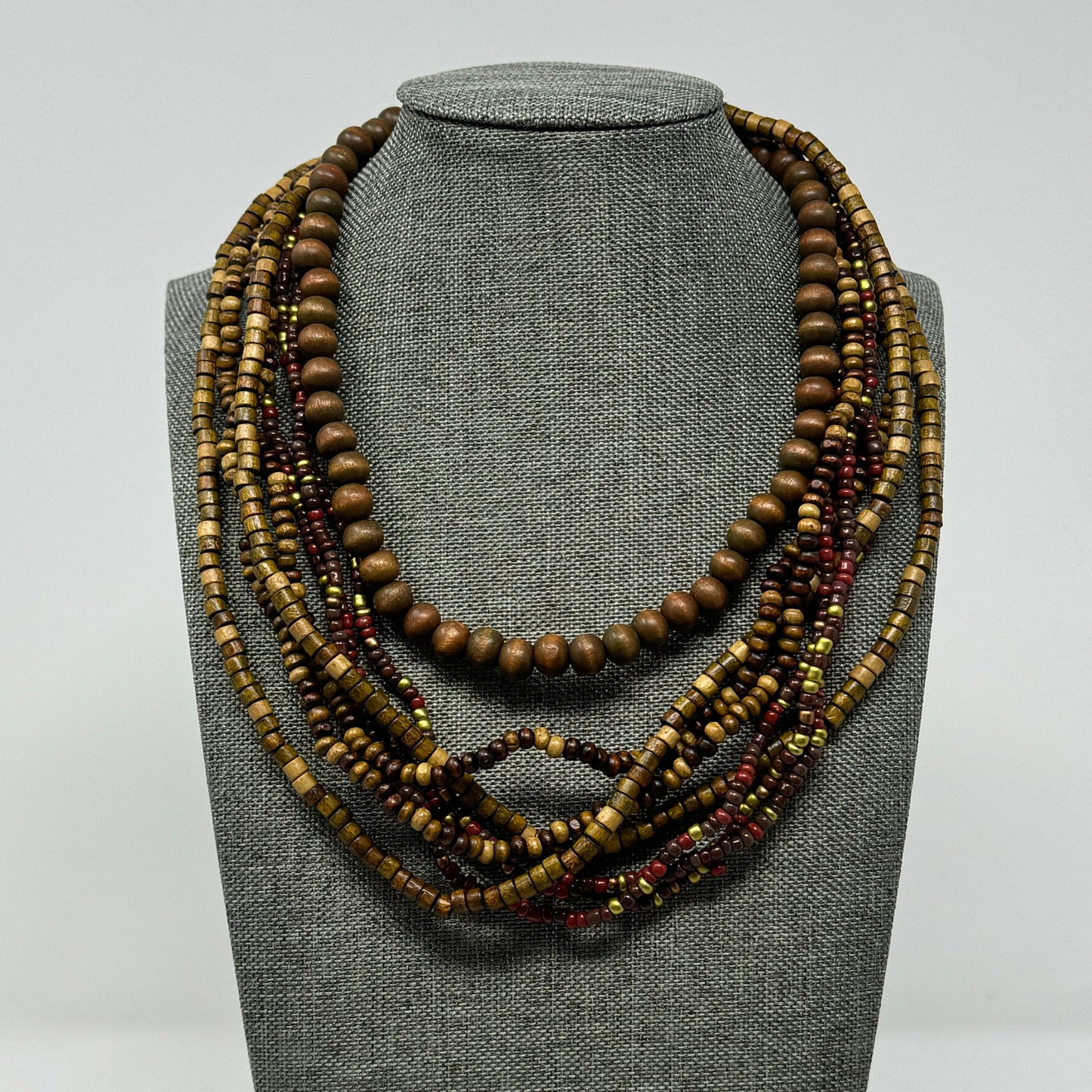 Wooden Bead Statement Necklace Earth Tones Artisan Handmade Multi-Strand Boho Jewelry