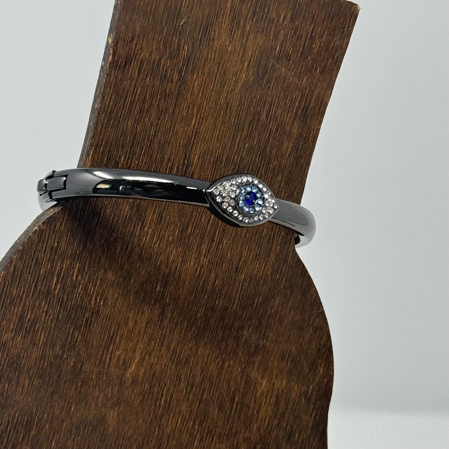 Bracelet Boho Blue Eye Rhinestone Metal Hinge Bangle Gun Metal Tone 7.75 in