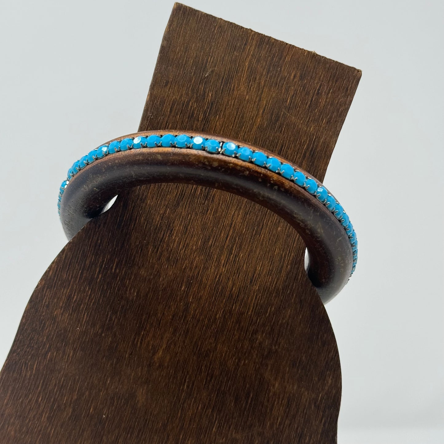 Vintage Wood Bangle Bracelet with Turquoise Bead Accents - Boho Chic, Rustic Handmade Jewelry