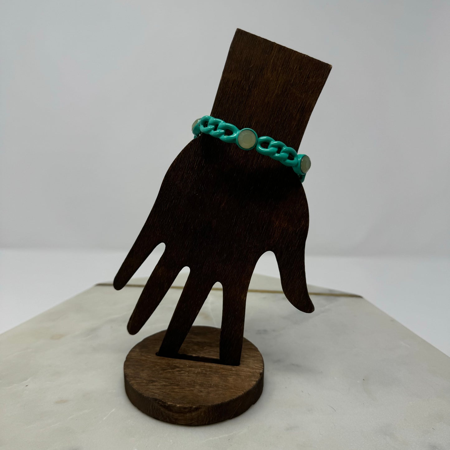 Bracelet Boho Teal Segmented Metalwork Chain Links Cuff Bangle 7.5 in Costume Jewelry