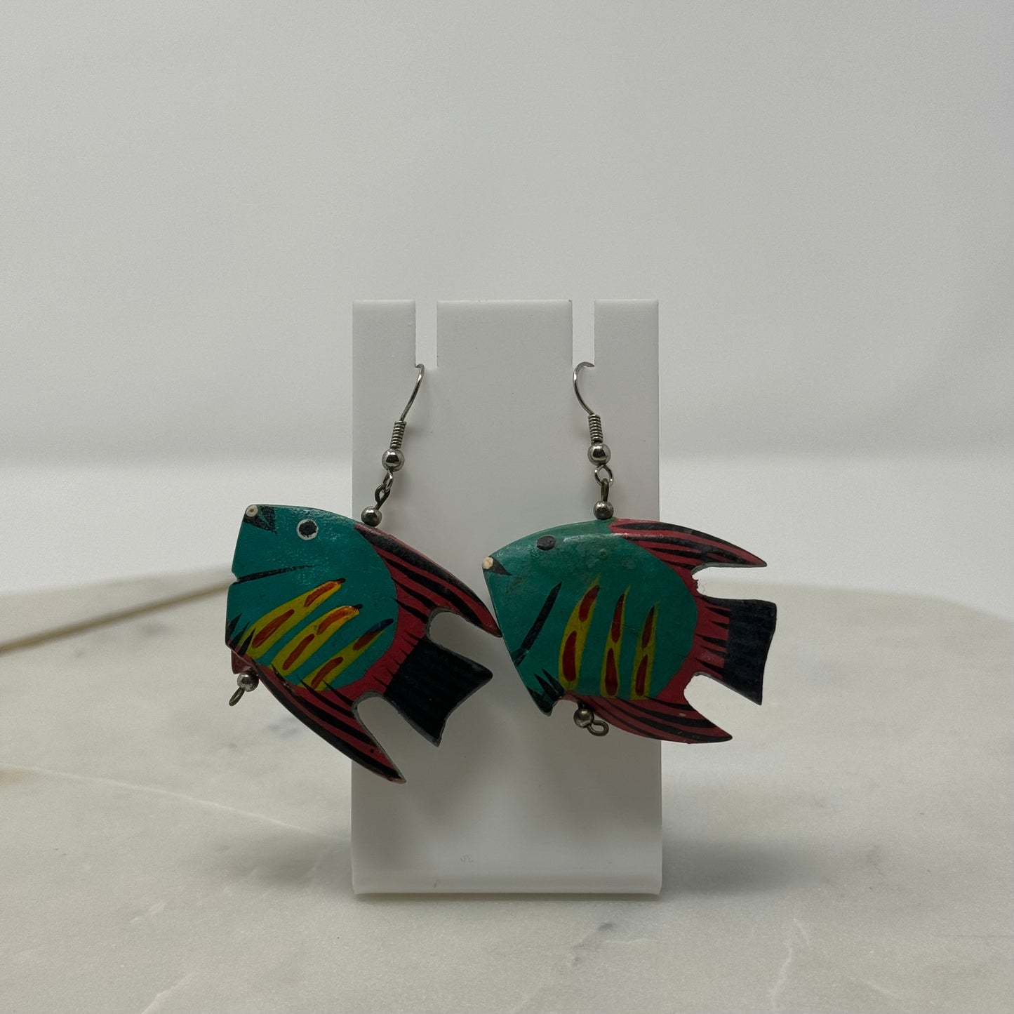 Vintage Vibrant Wood Fish Dangle Hook Earrings