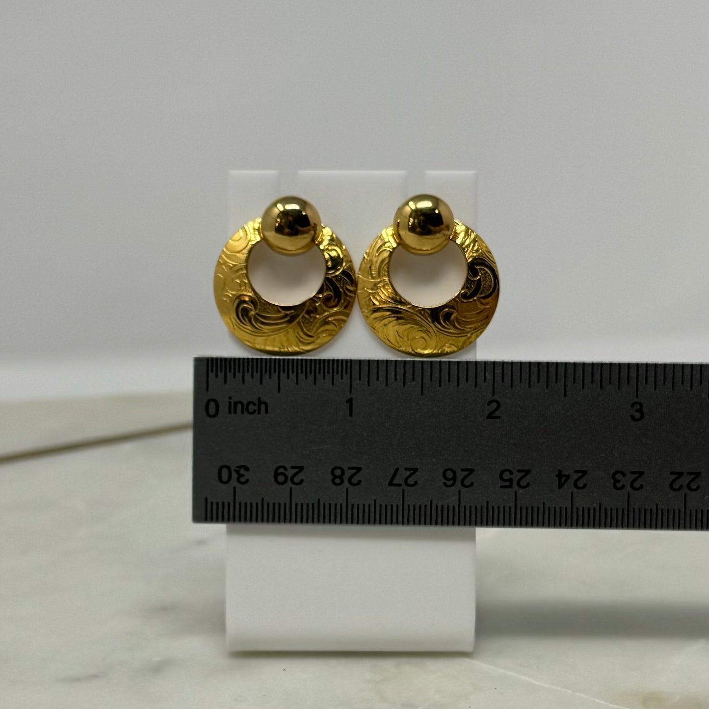 Avon Earrings Boho Southwest Button Stud Gold Tone Drop Disc Swirl Design 1 in