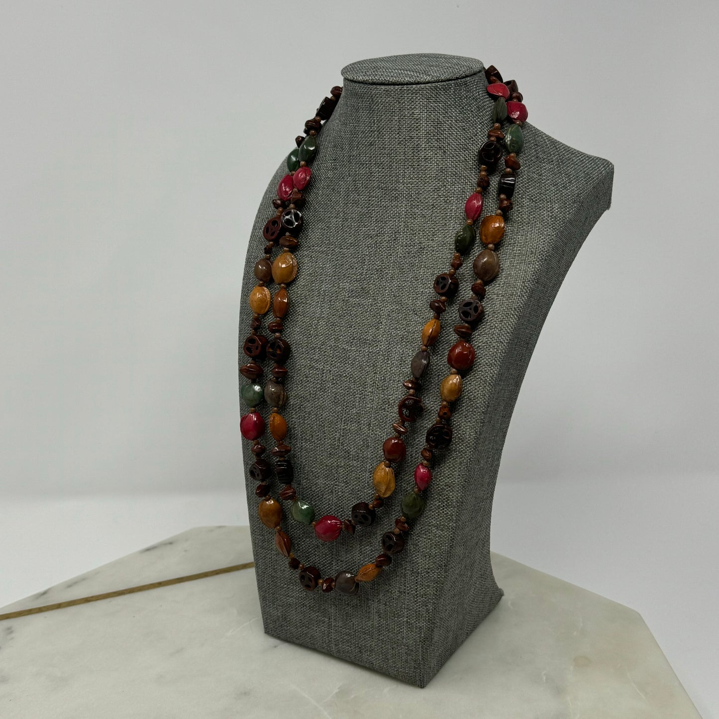 Artisan Hand-carved Bead Necklace - Boho Multi-Colored Statement Jewelry Handmade