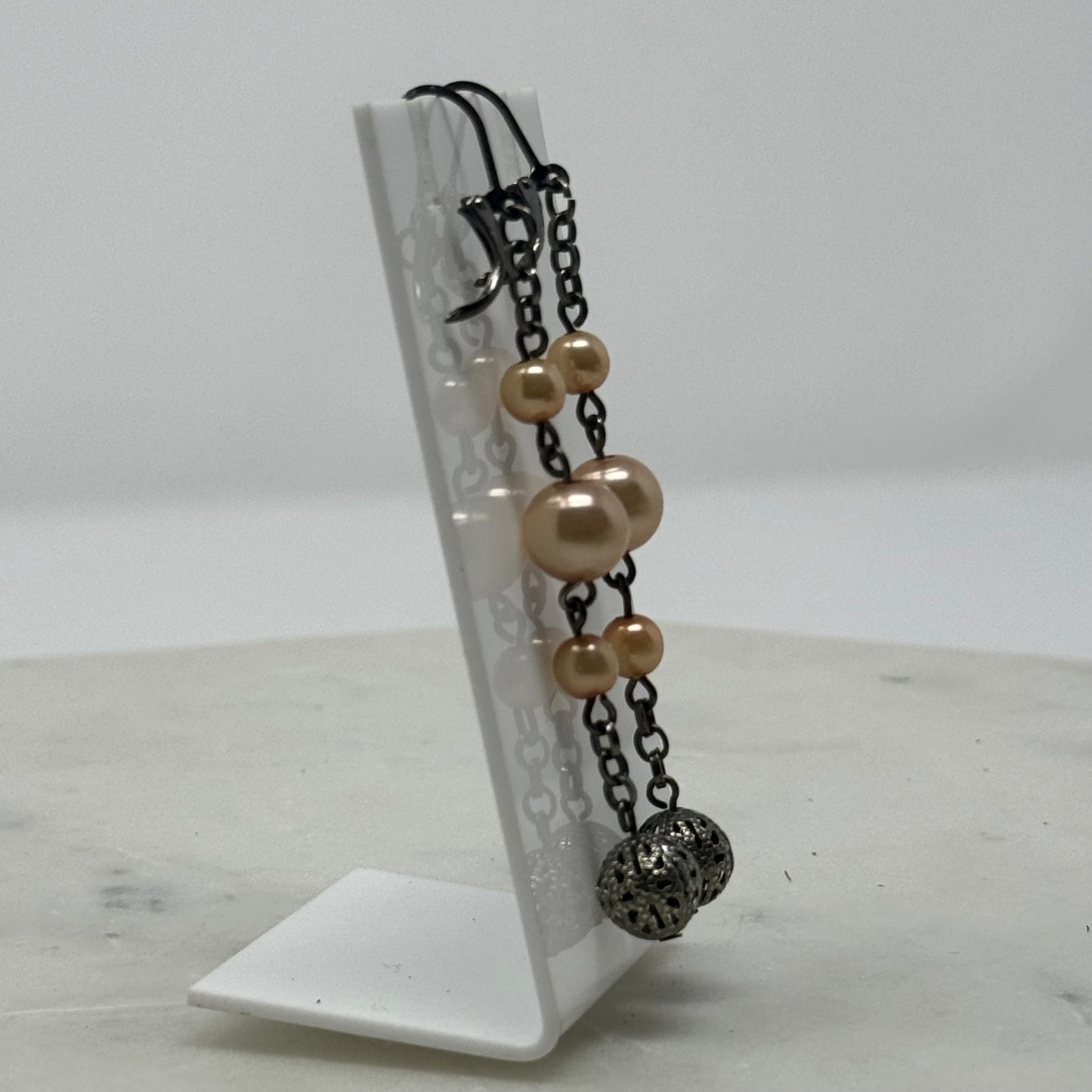 Peach Pearl Dangle Statement Leverback Earrings