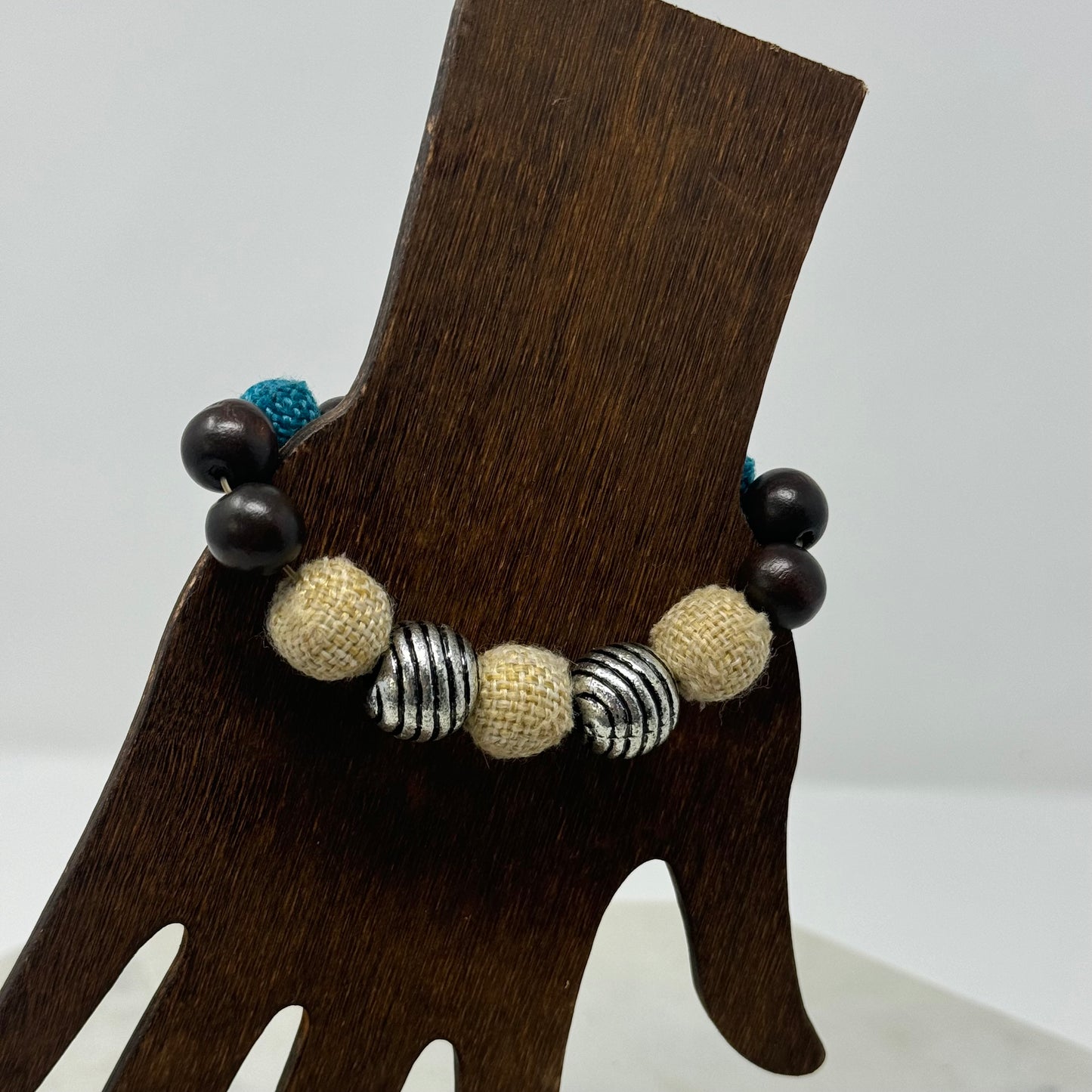 Bracelet Boho Beaded Strand Wood Canvas Stretch Bangle Brown Blue Beige 8 in