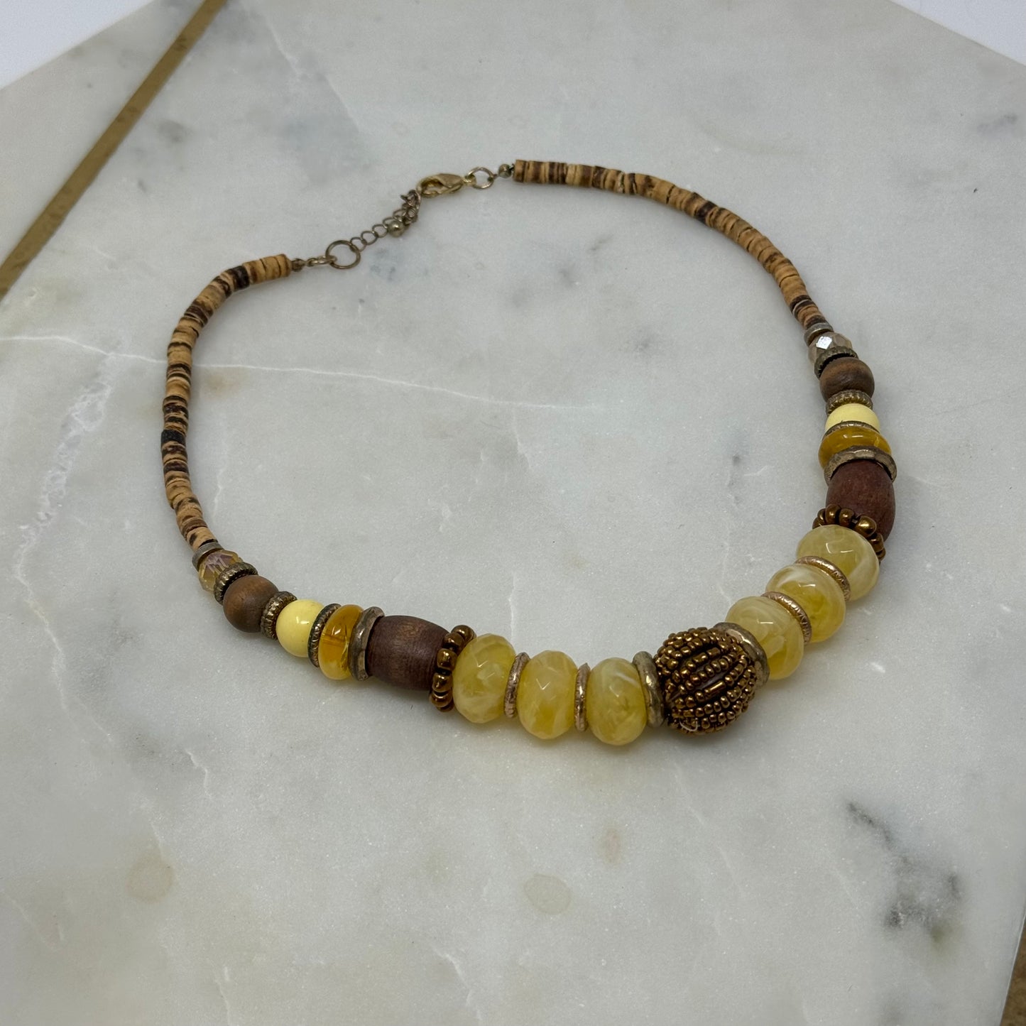 Necklace Boho Beaded Statement Brown Beige 16” Costume Jewelry