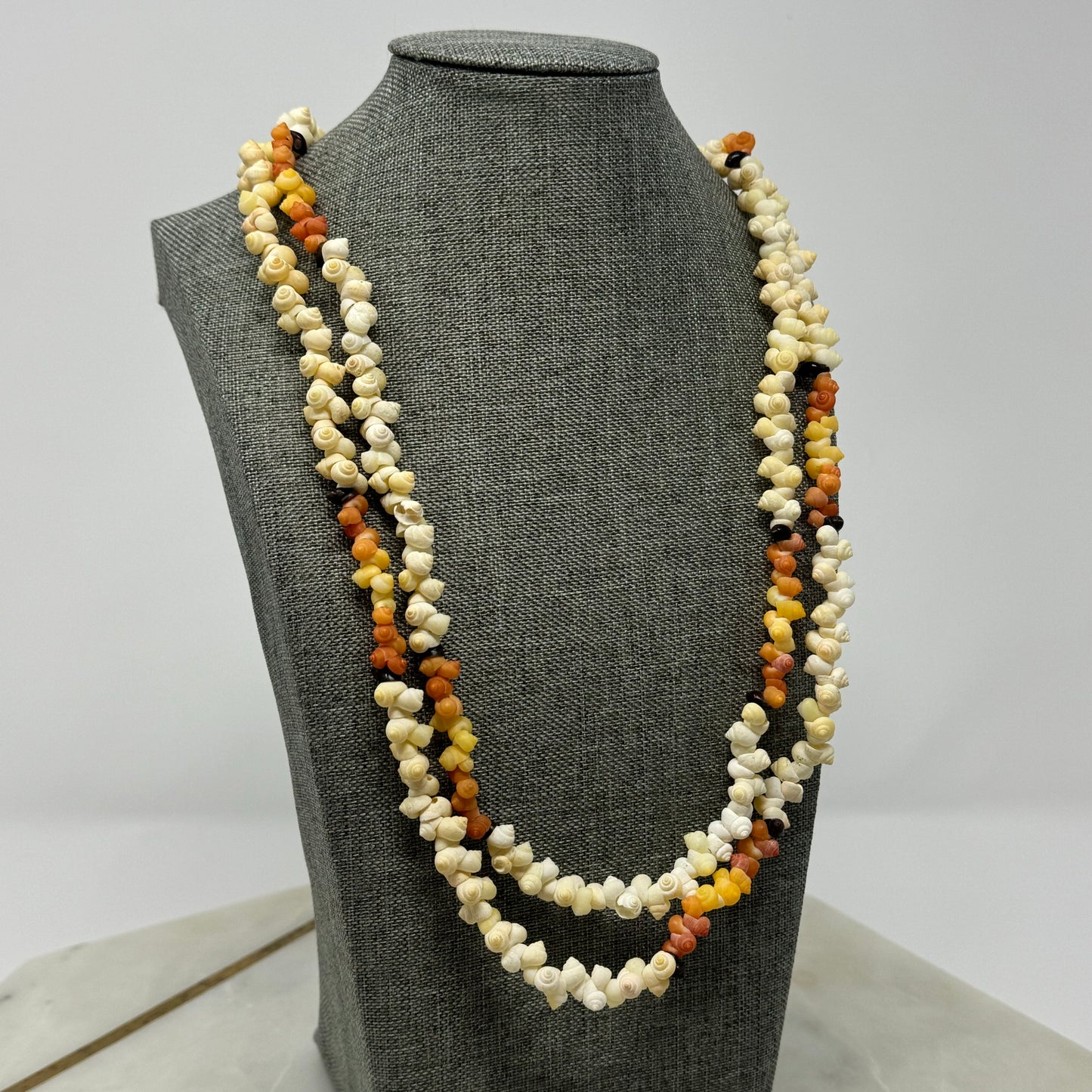 Boho Multi-Strand Shell Necklace Natural & Orange Tones Handmade Beach Statement Jewelry
