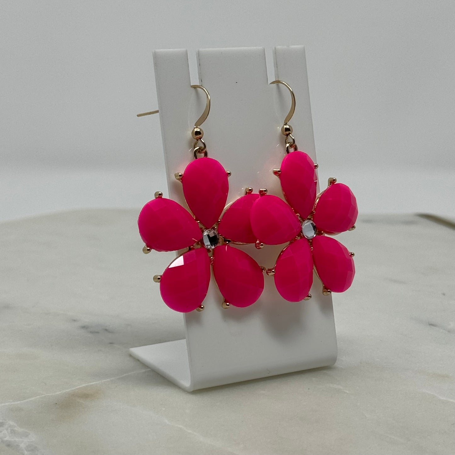 Vibrant Pink Flower Rhinestone Dangle Hook Earrings