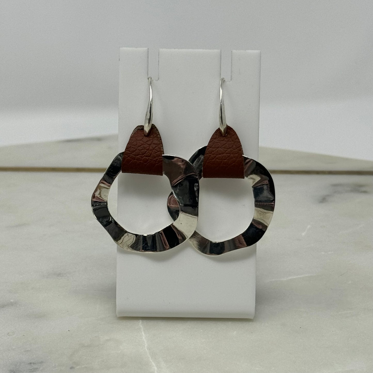 Earrings Boho Modern Southwest Leather Silver Tone Abstract Artisan Dangle Hook 2.5 in