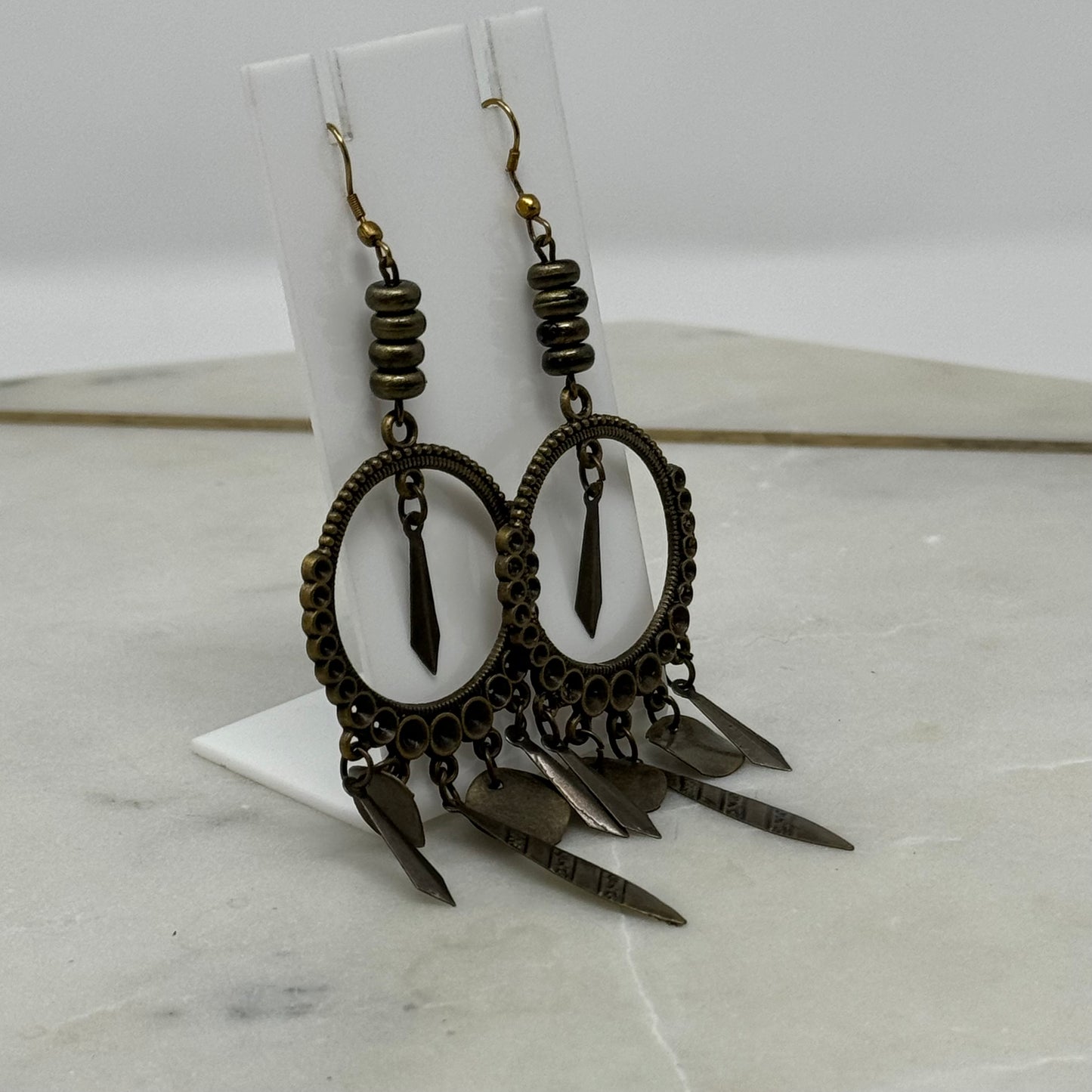 Earrings Boho Southwest Dangles Brass Tone Chandelier Hook 4" Drop Pierced Ear