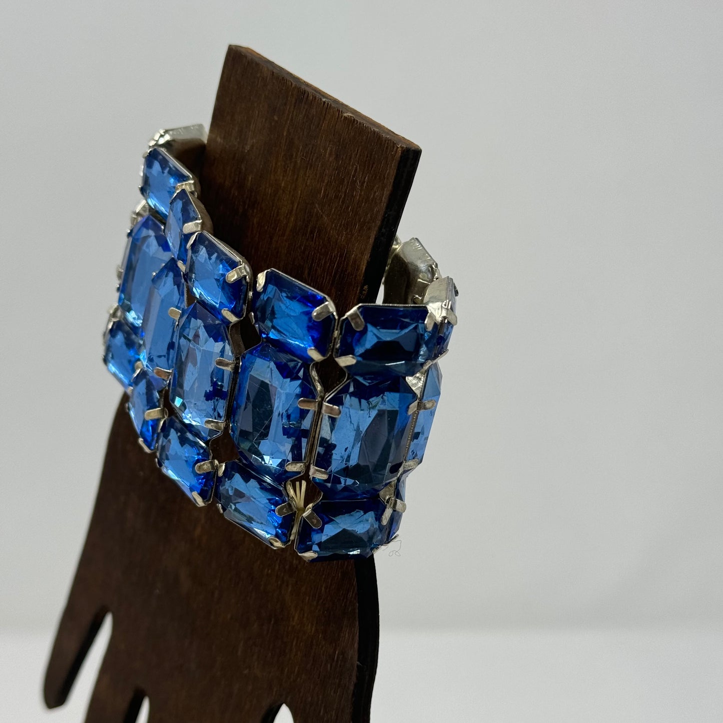 Vintage Blue Rhinestone Bracelet - Art Deco Style, Statement Jewelry, Silver Tone Glam Bangle