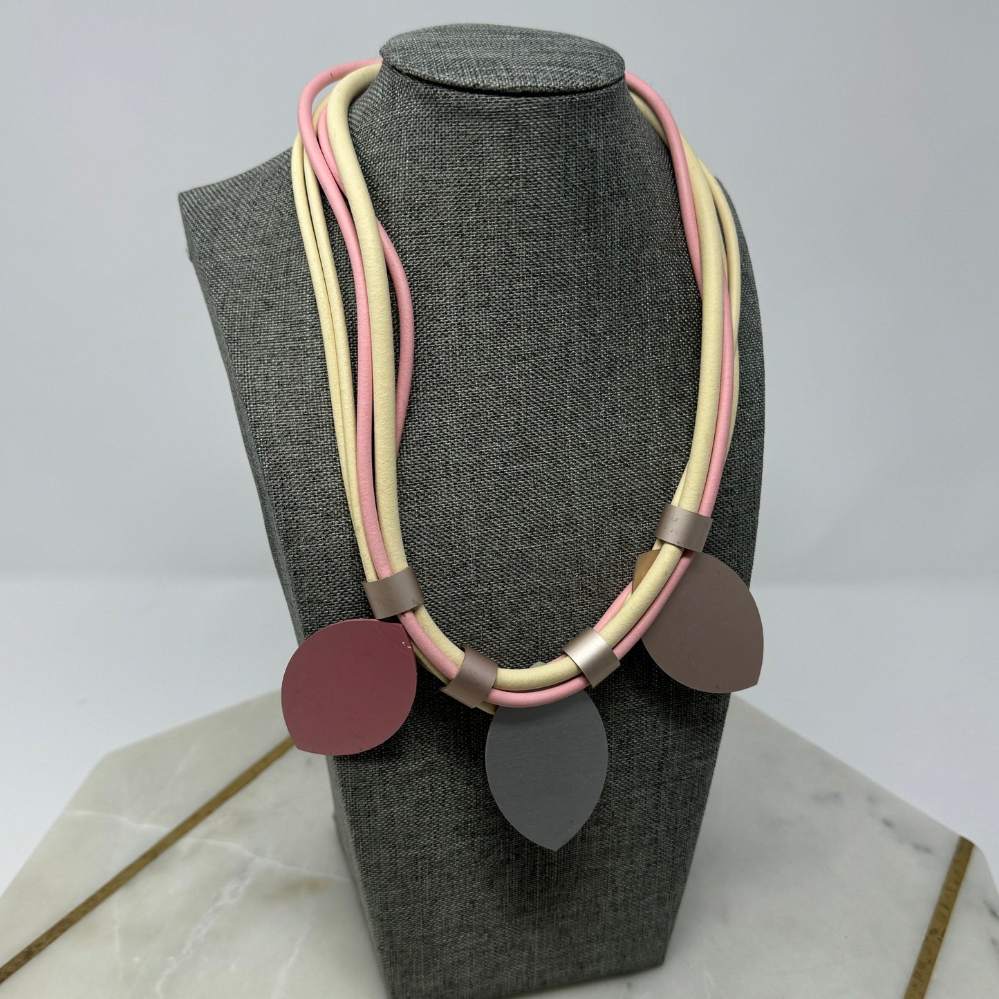 Womens Necklace Statement Metal Leaf Pendants Pink Cord 18 in Magnet Clasp