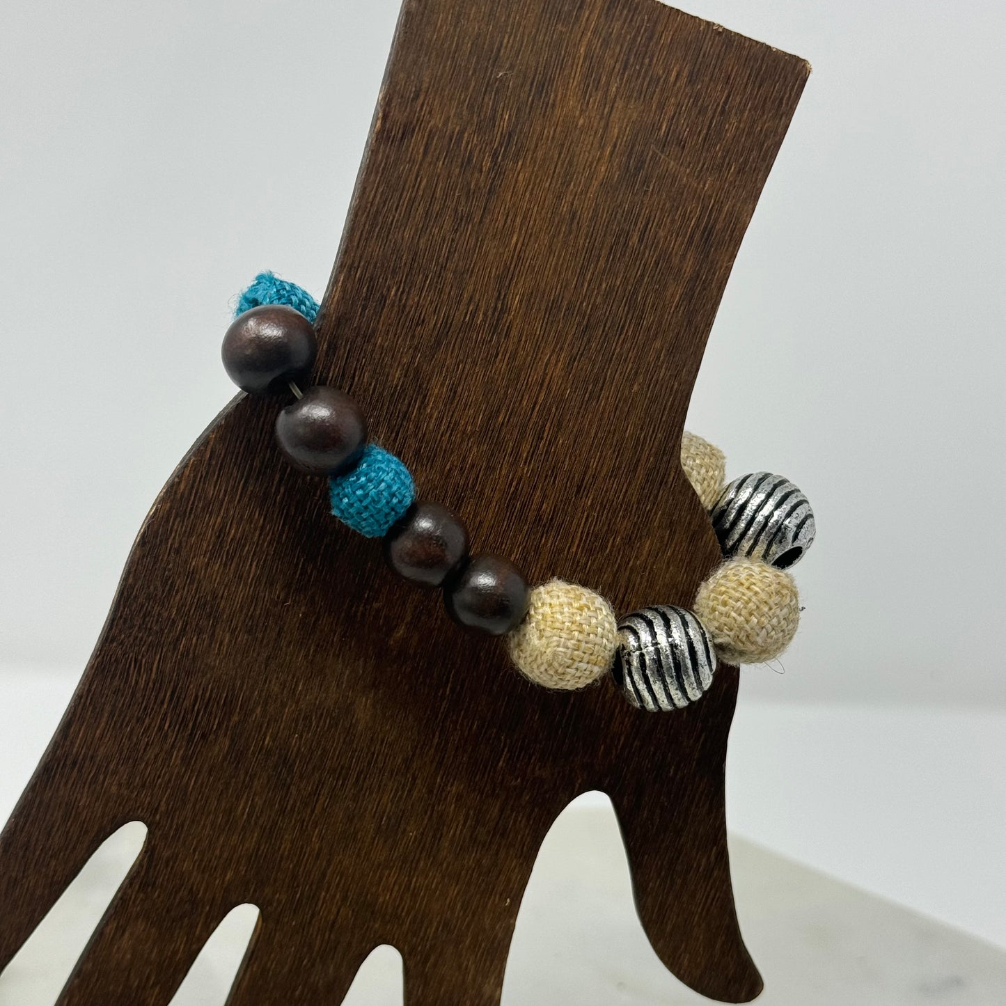 Bracelet Boho Beaded Strand Wood Canvas Stretch Bangle Brown Blue Beige 8 in