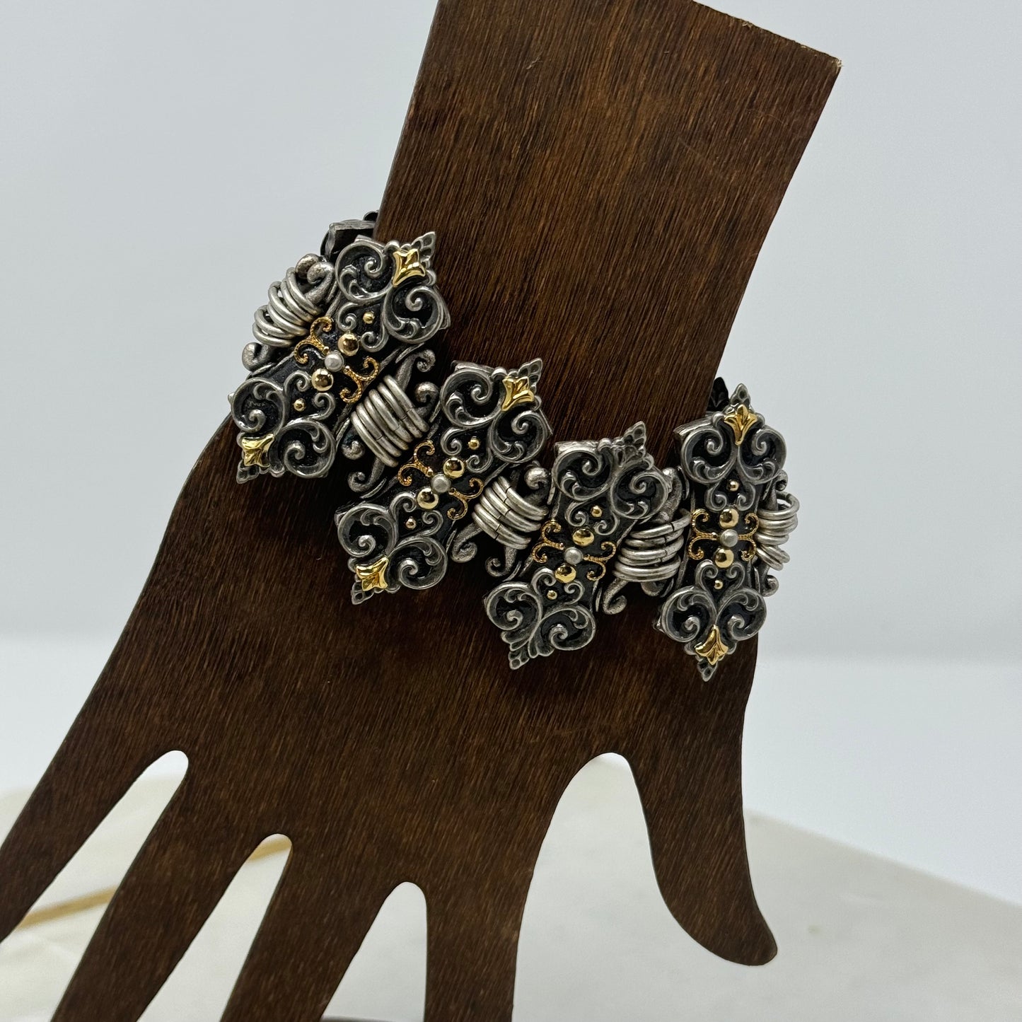 Bracelet Boho Southwest Intricate Segmented Metal Work Link Bangle Cuff 7.5 in Costume Jewelry