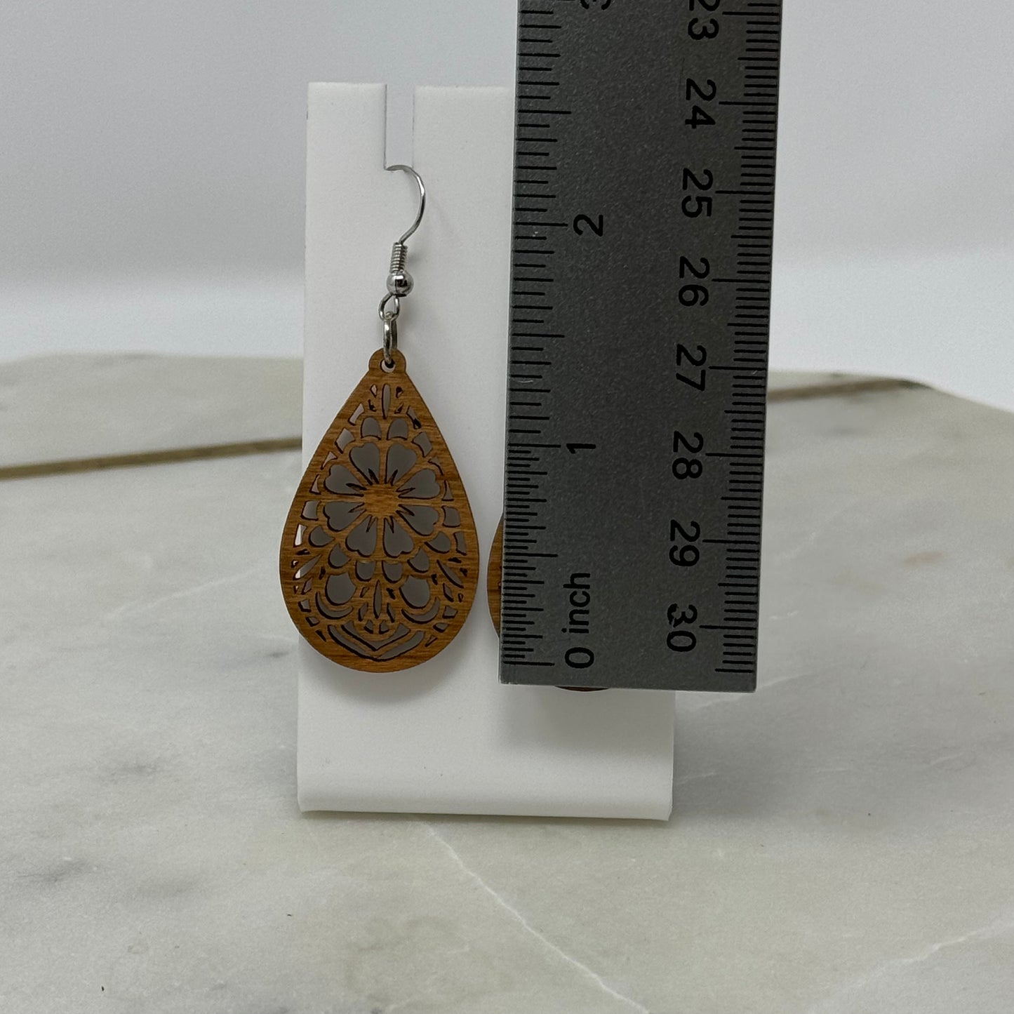 Earrings Boho Woodgrain Intricate Flower Teardrop Hook Dangles 2.5 Inch Drop Brown
