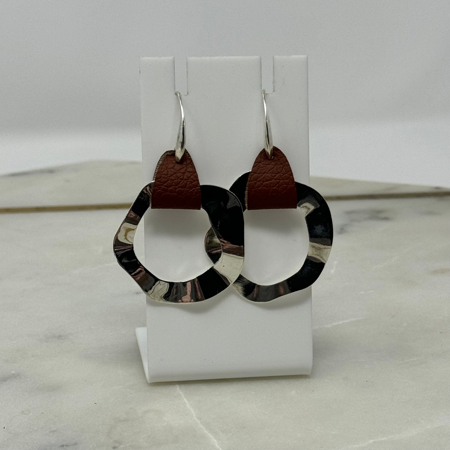 Earrings Boho Modern Southwest Leather Silver Tone Abstract Artisan Dangle Hook 2.5 in