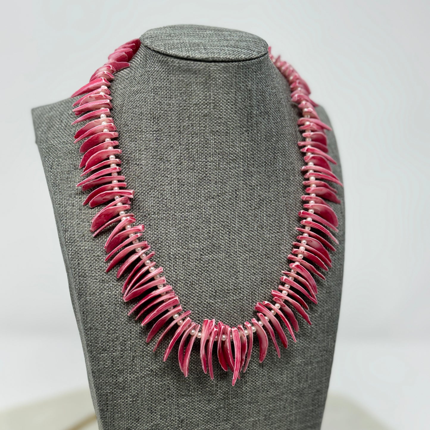 Unique Pink Shell Spike Necklace with Pearl Accents - Handmade Boho Statement Jewelry