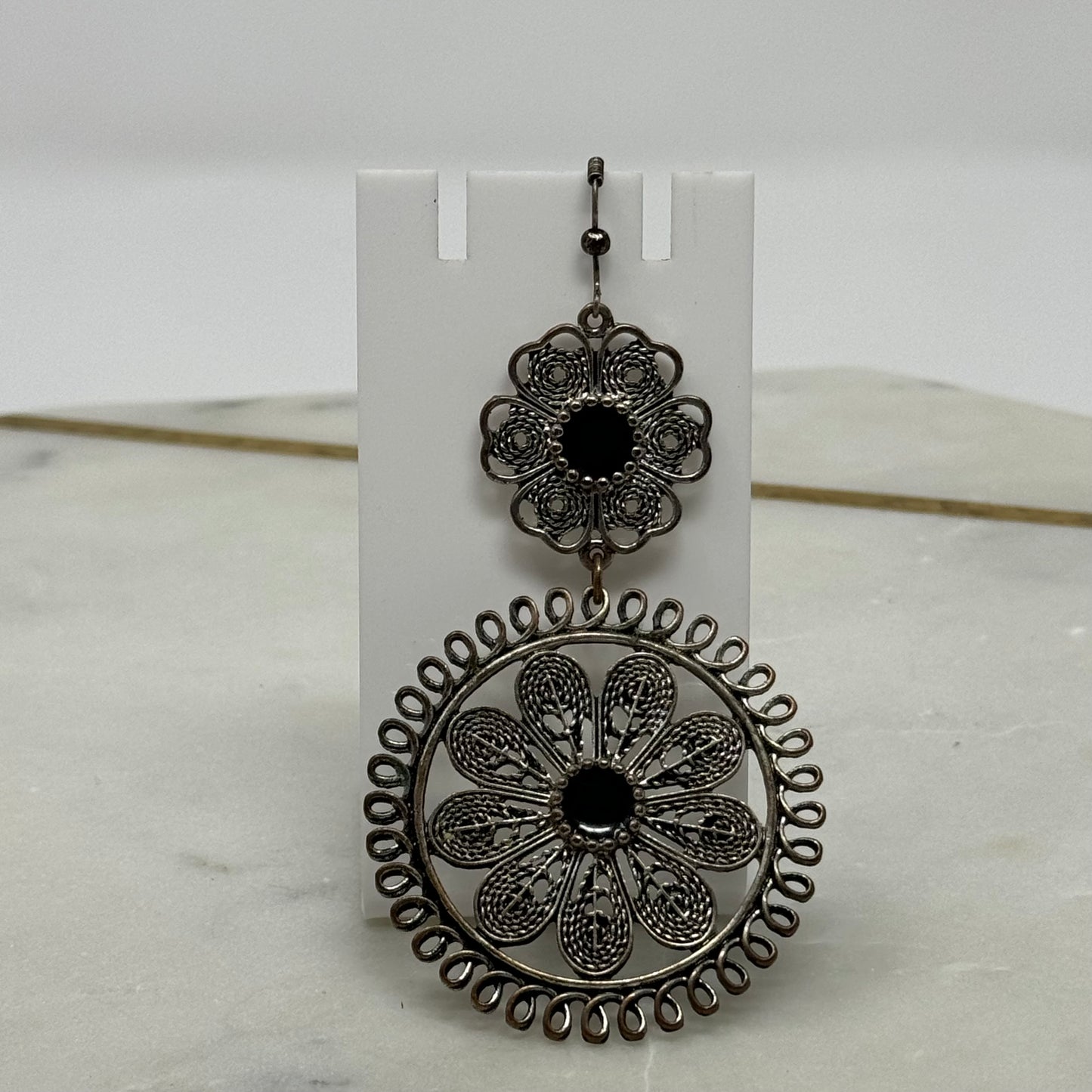 Floral Silver & Black Multi-Layer Dangle Hook Earrings