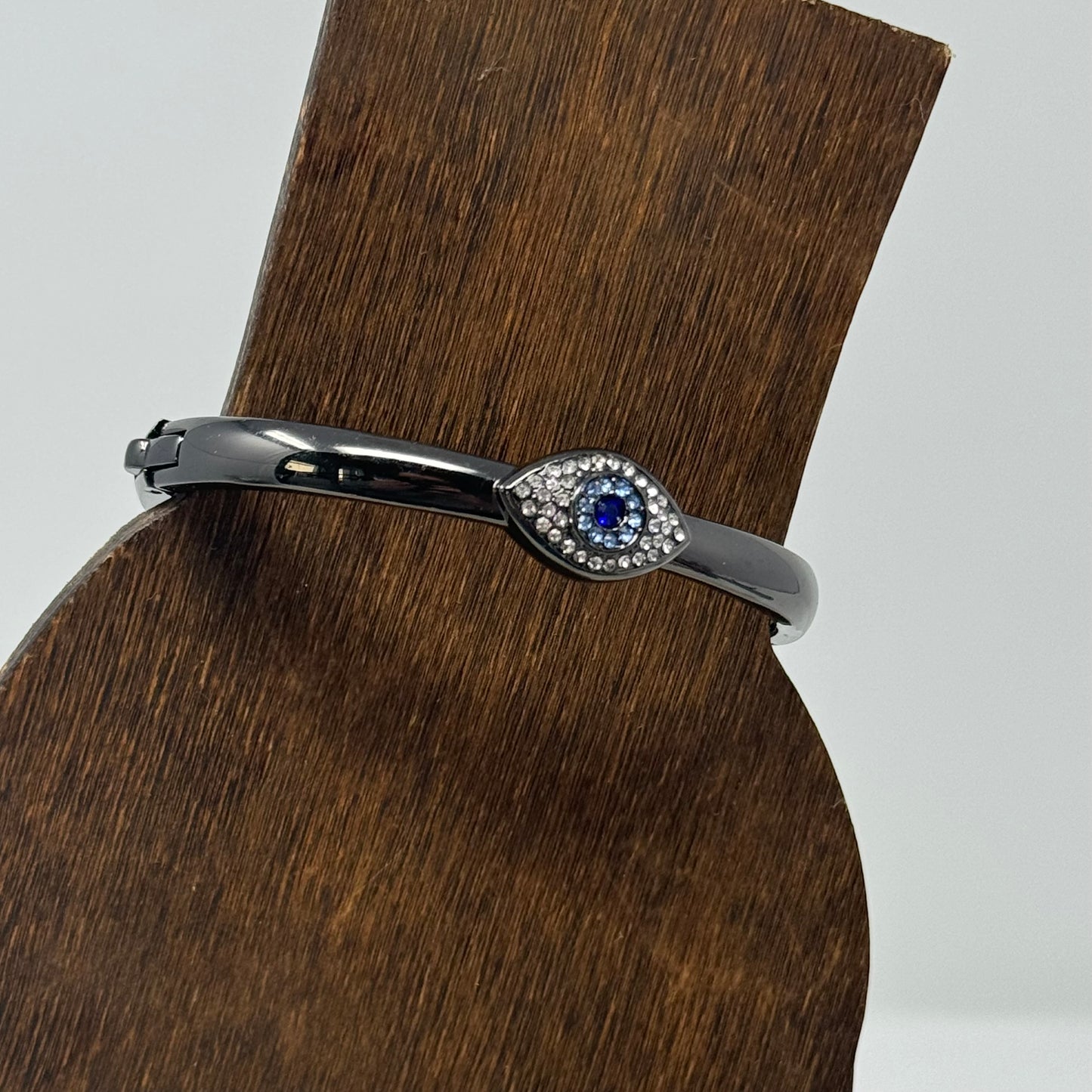 Bracelet Boho Blue Eye Rhinestone Metal Hinge Bangle Gun Metal Tone 7.75 in