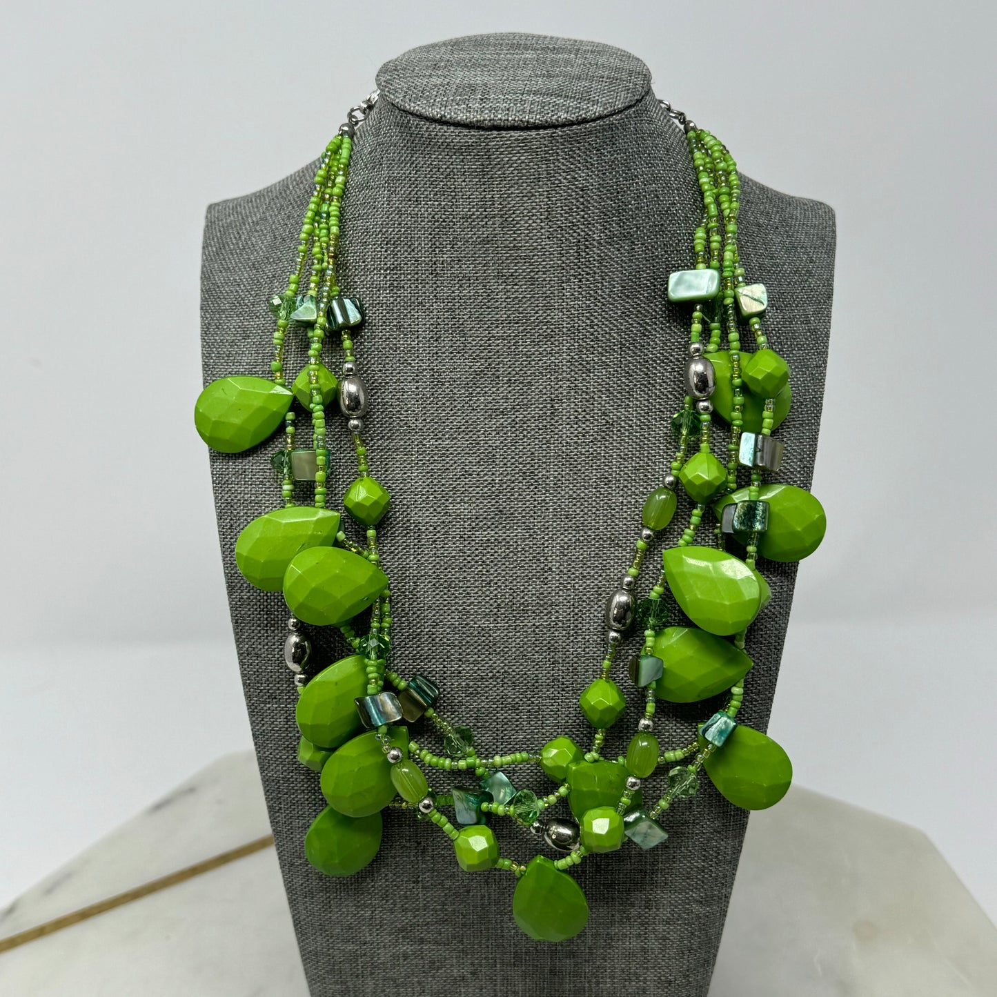 Women’s Necklace Boho Statement Beaded Teardrop Pendants Green Shell 16 in