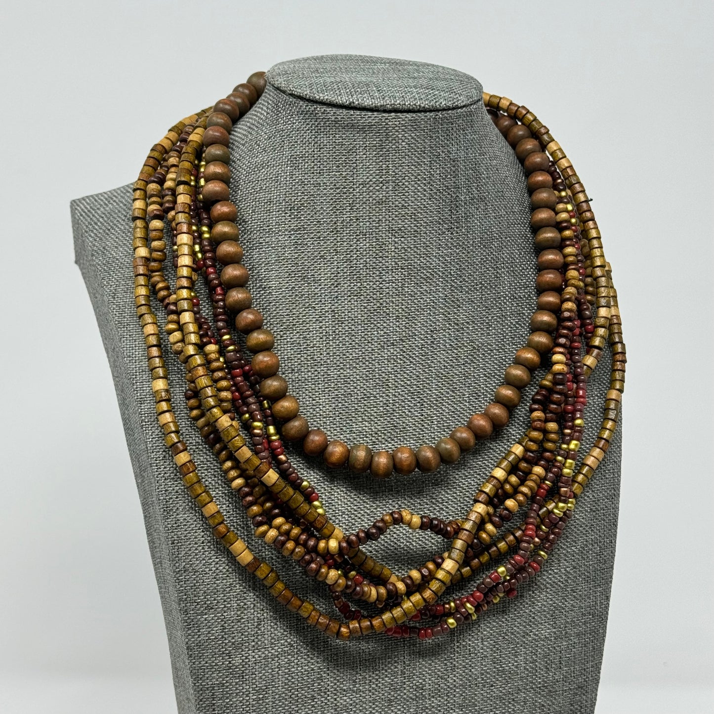 Wooden Bead Statement Necklace Earth Tones Artisan Handmade Multi-Strand Boho Jewelry