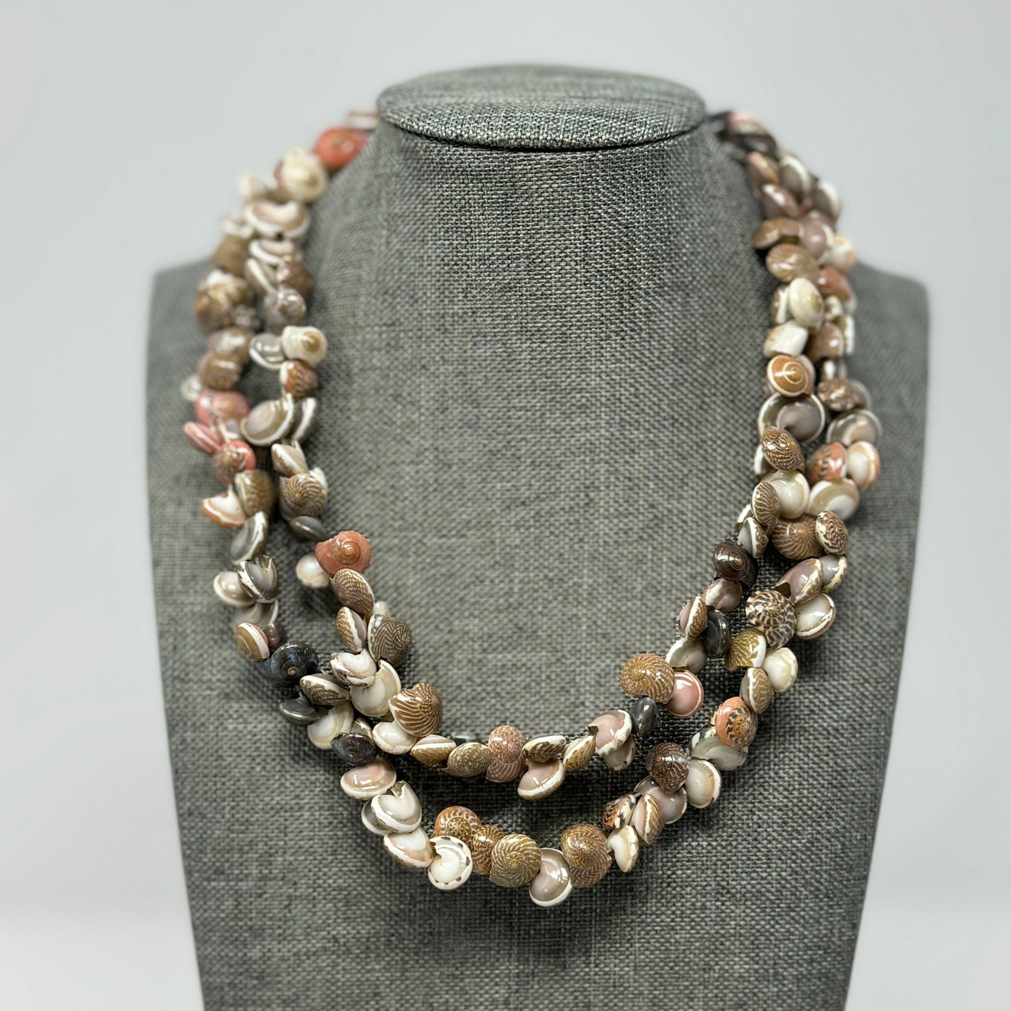 Boho Multi-Strand Shell Necklace Natural & Pink Tones - Handmade Beach Statement Jewelry