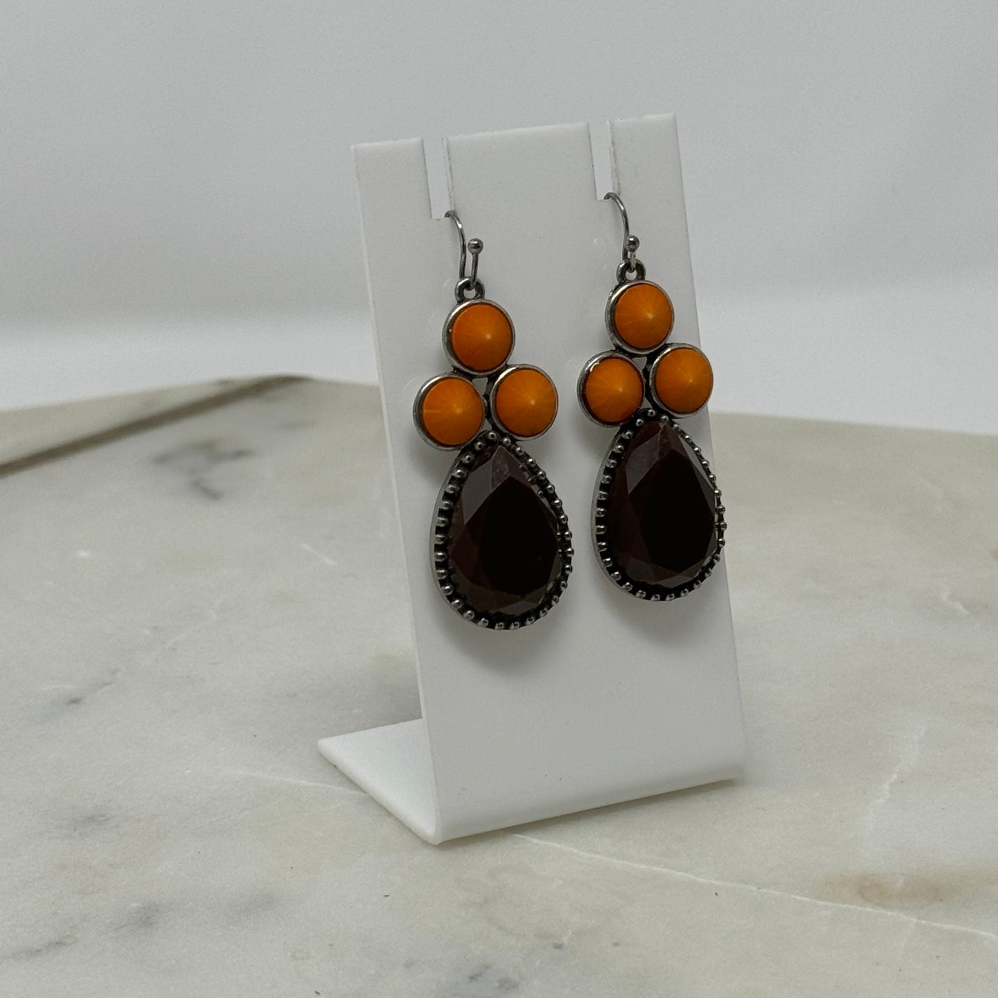 Earrings Boho Southwest Brown Orange Teardrop Hook Dangles Silver Tone 2 Inch