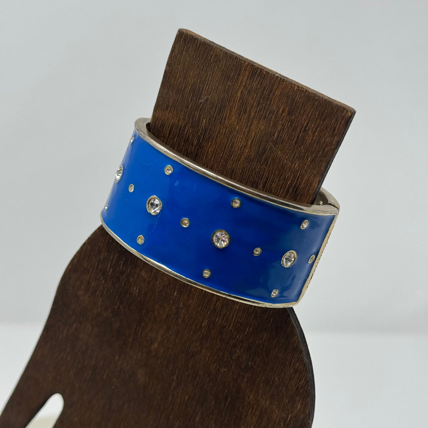 Bracelet Blue Wide Metal Cuff Rhinestone Hinge Bangle 7.5 in Costume Jewelry