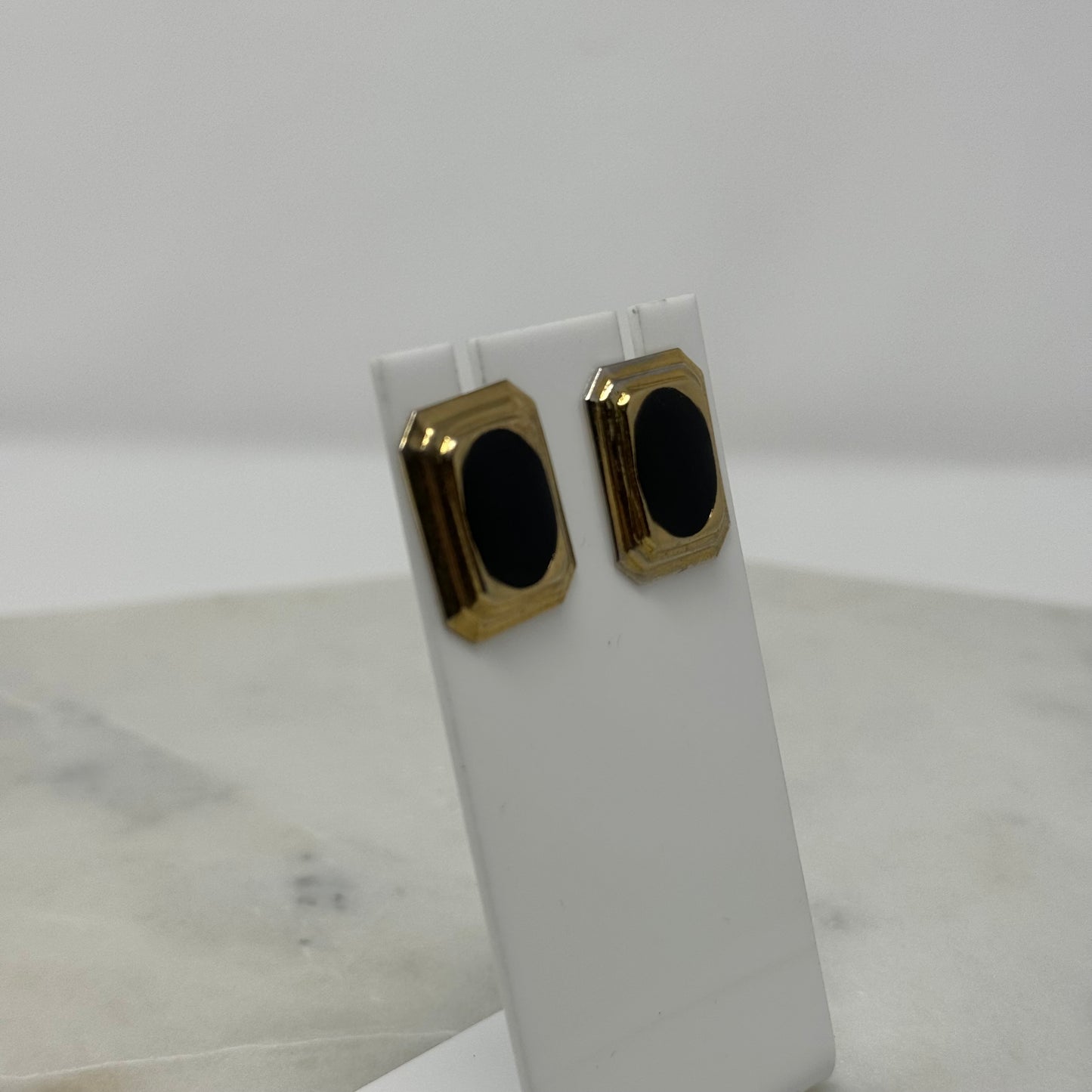 Vintage Black & Gold Beveled Rectangle Clip-On Earrings