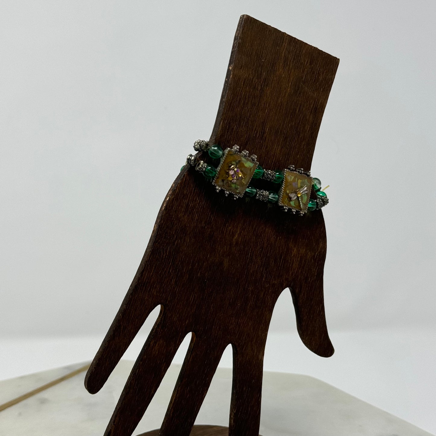 Bracelet Metallic Insect Charm Double Beaded Strand Green Yellow 7 in Costume Jewelry