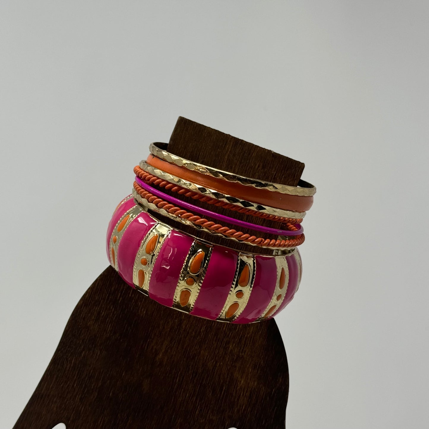 Vibrant Boho Bracelet Set Tribal Chic Stacked Bangles Enamel & Gold-Tone Statement Jewelry