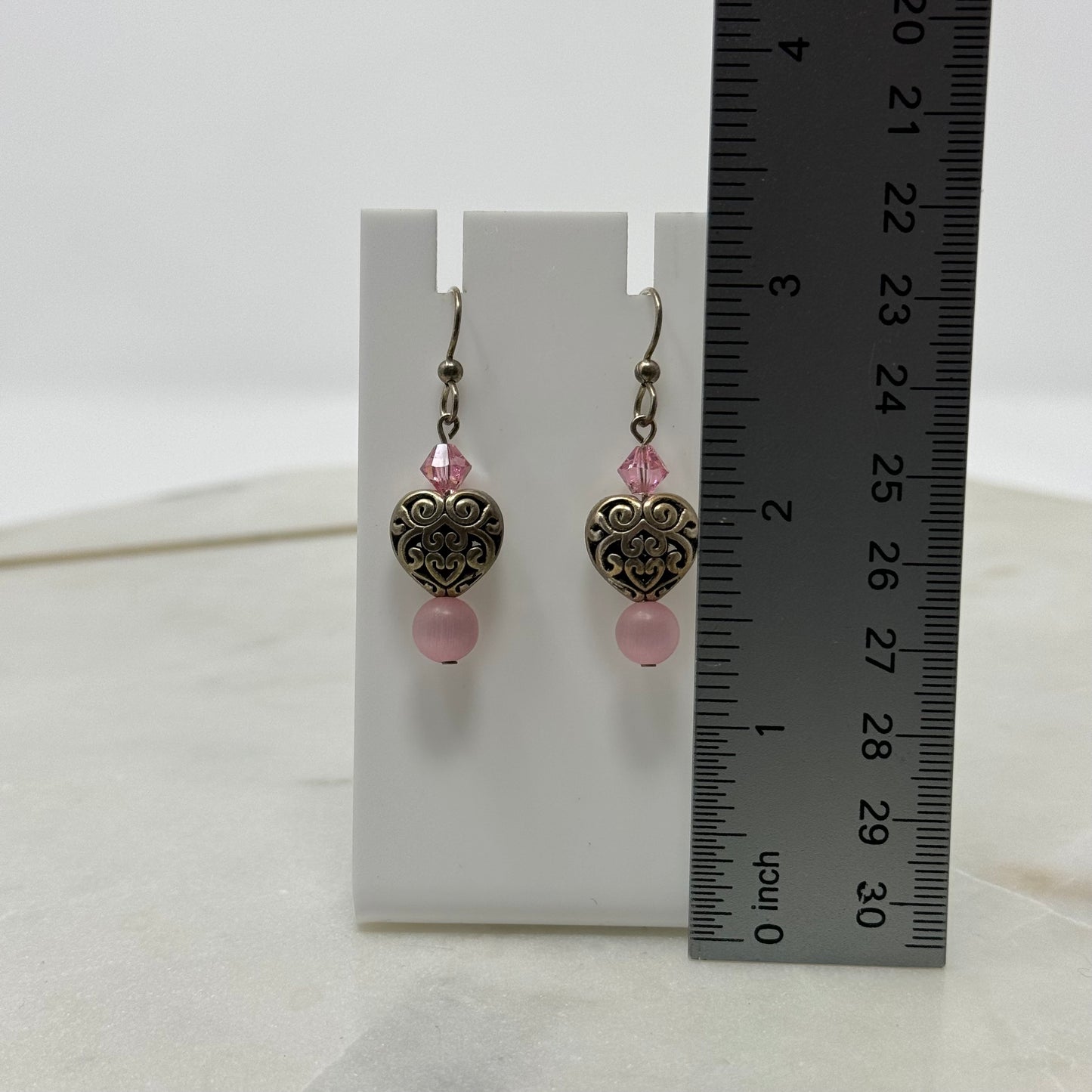 Pink Beaded Heart Dangle Hook Earrings
