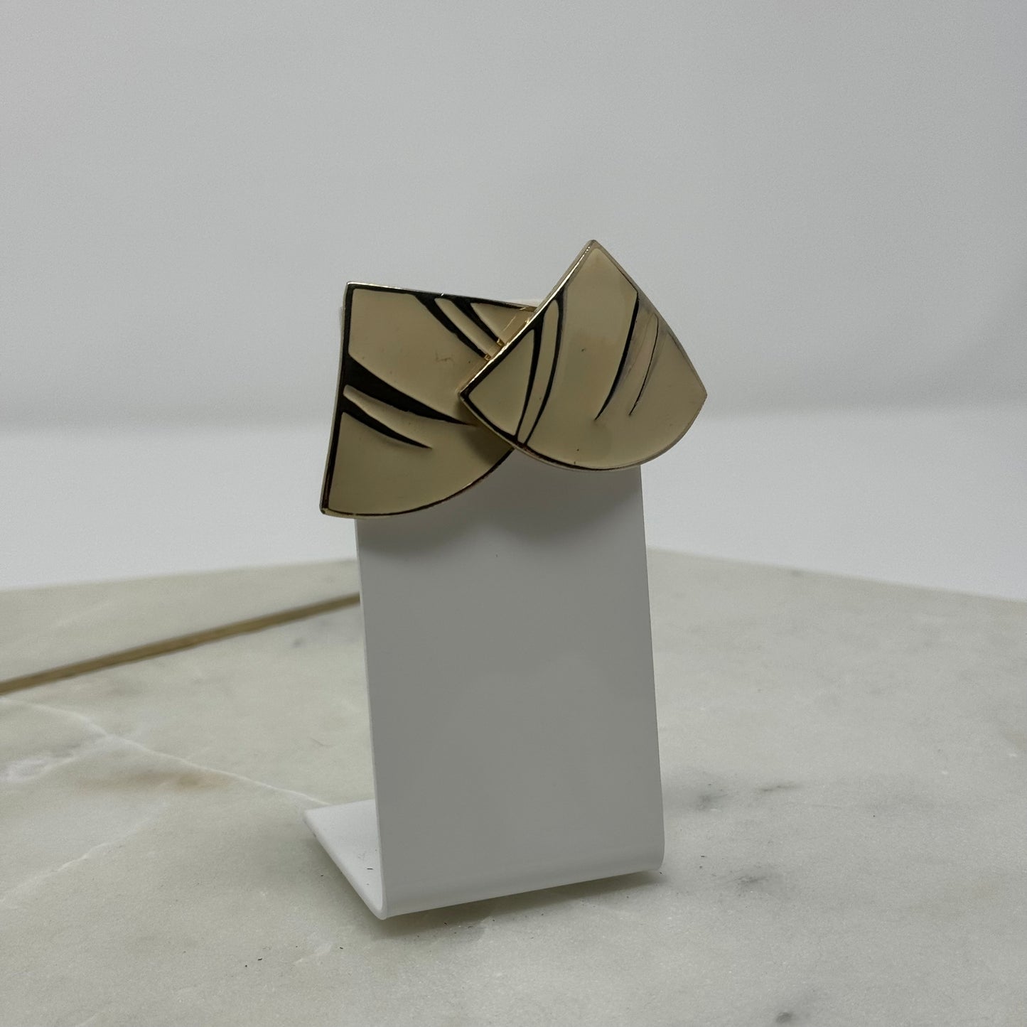 Vintage Triangle Cream Enamel Gold Accent Earrings