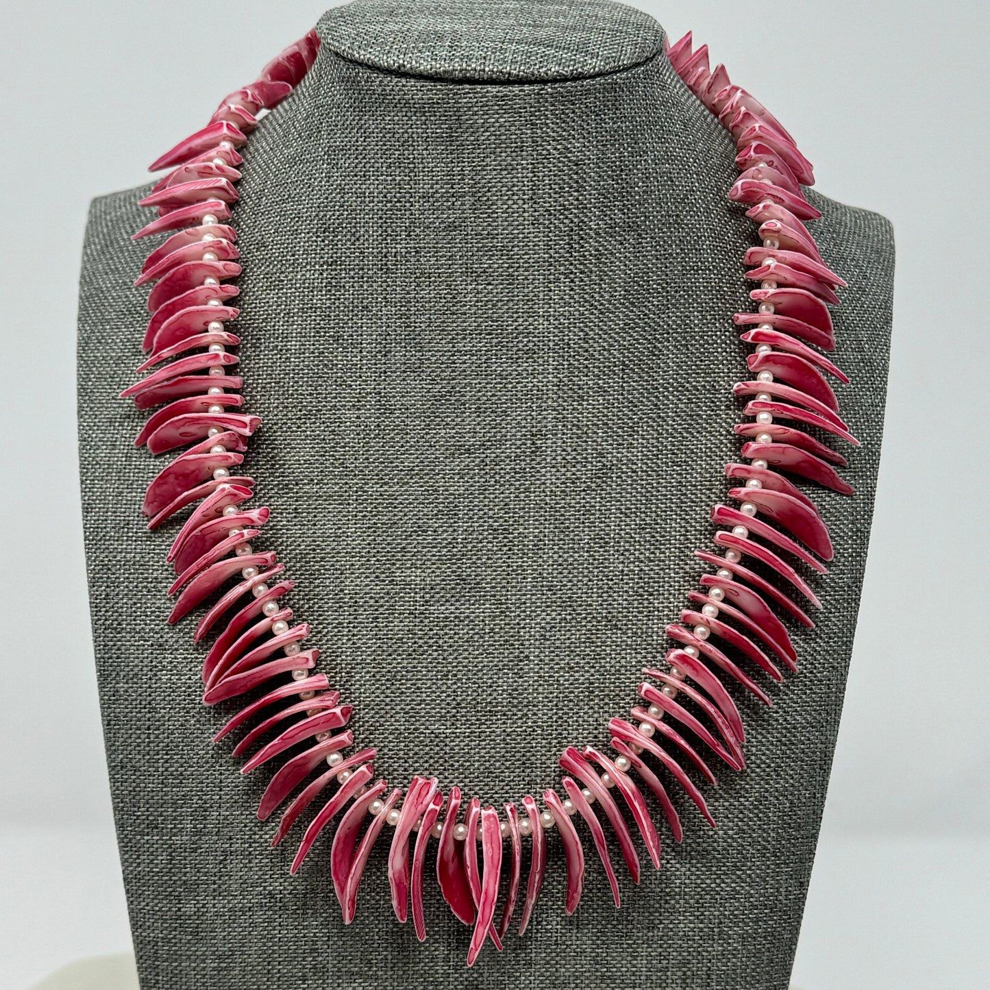 Unique Pink Shell Spike Necklace with Pearl Accents - Handmade Boho Statement Jewelry