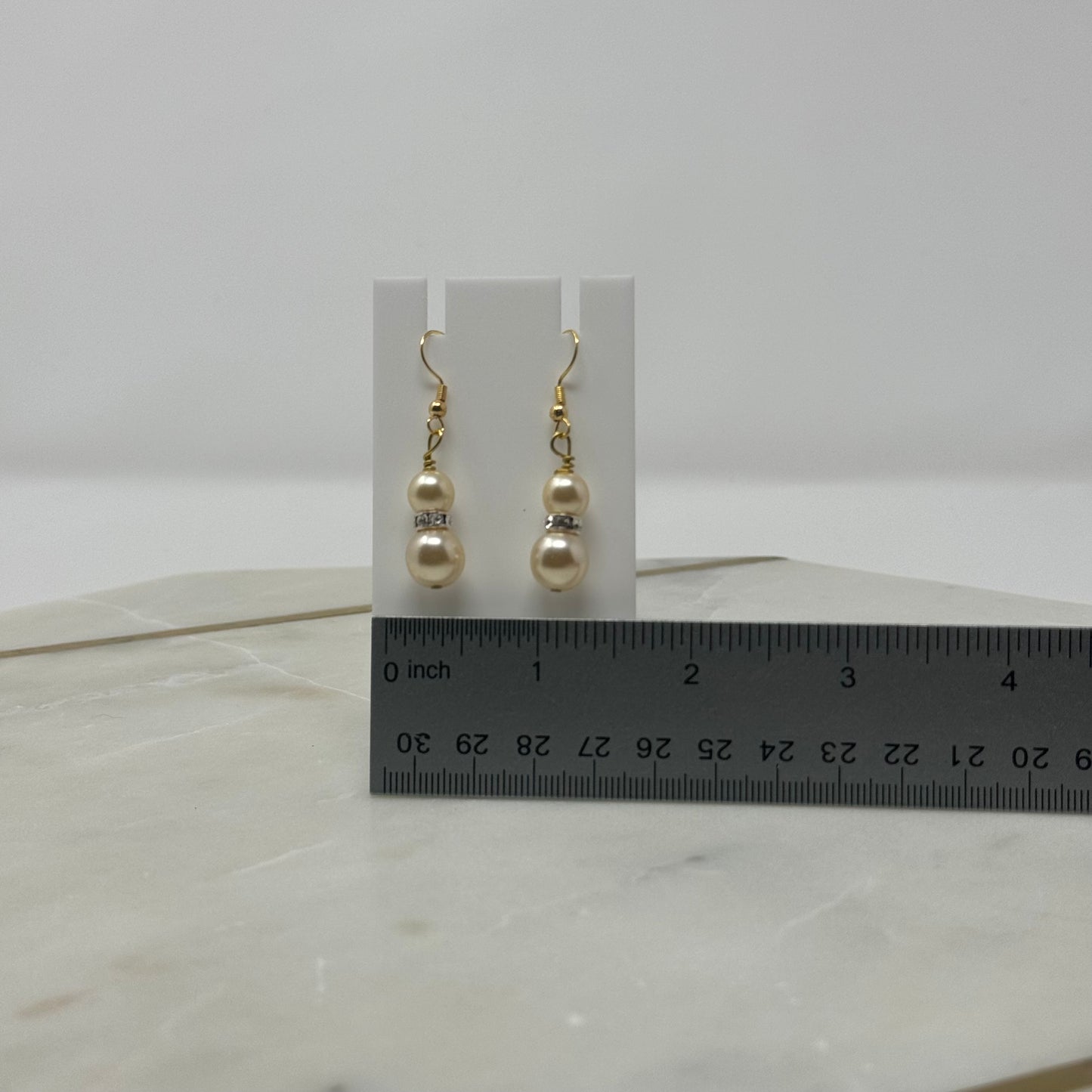 Gold Tone Pearl Rhinestone Accent Dangle Hook Earrings