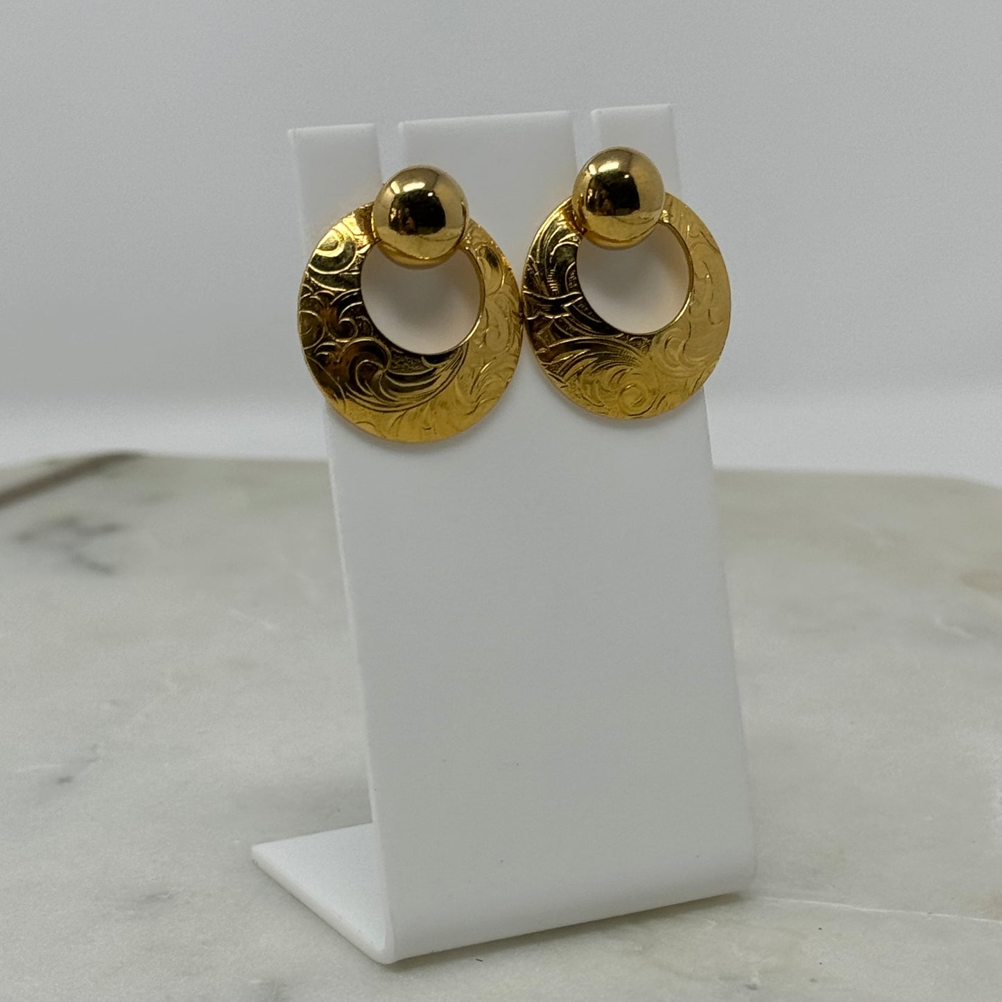Avon Earrings Boho Southwest Button Stud Gold Tone Drop Disc Swirl Design 1 in