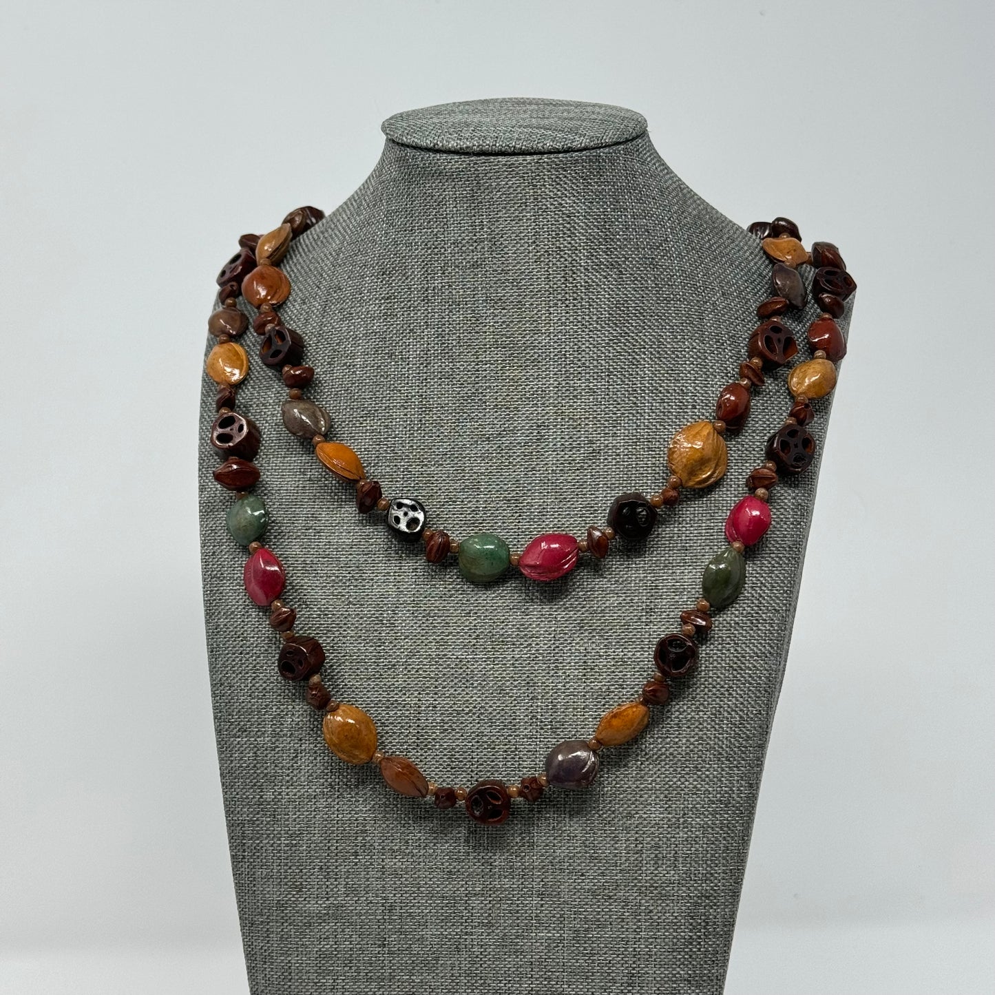 Artisan Hand-carved Bead Necklace - Boho Multi-Colored Statement Jewelry Handmade