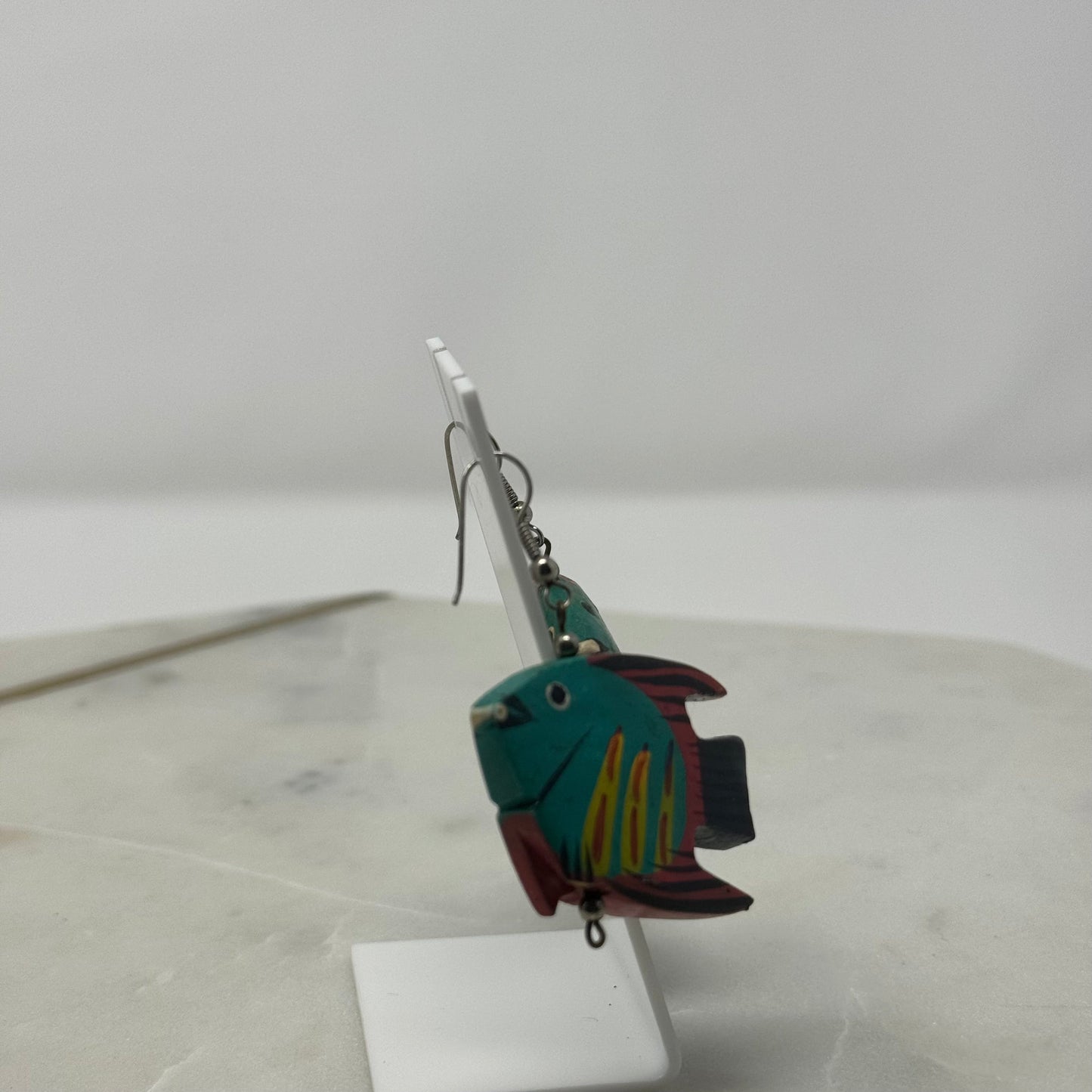 Vintage Vibrant Wood Fish Dangle Hook Earrings