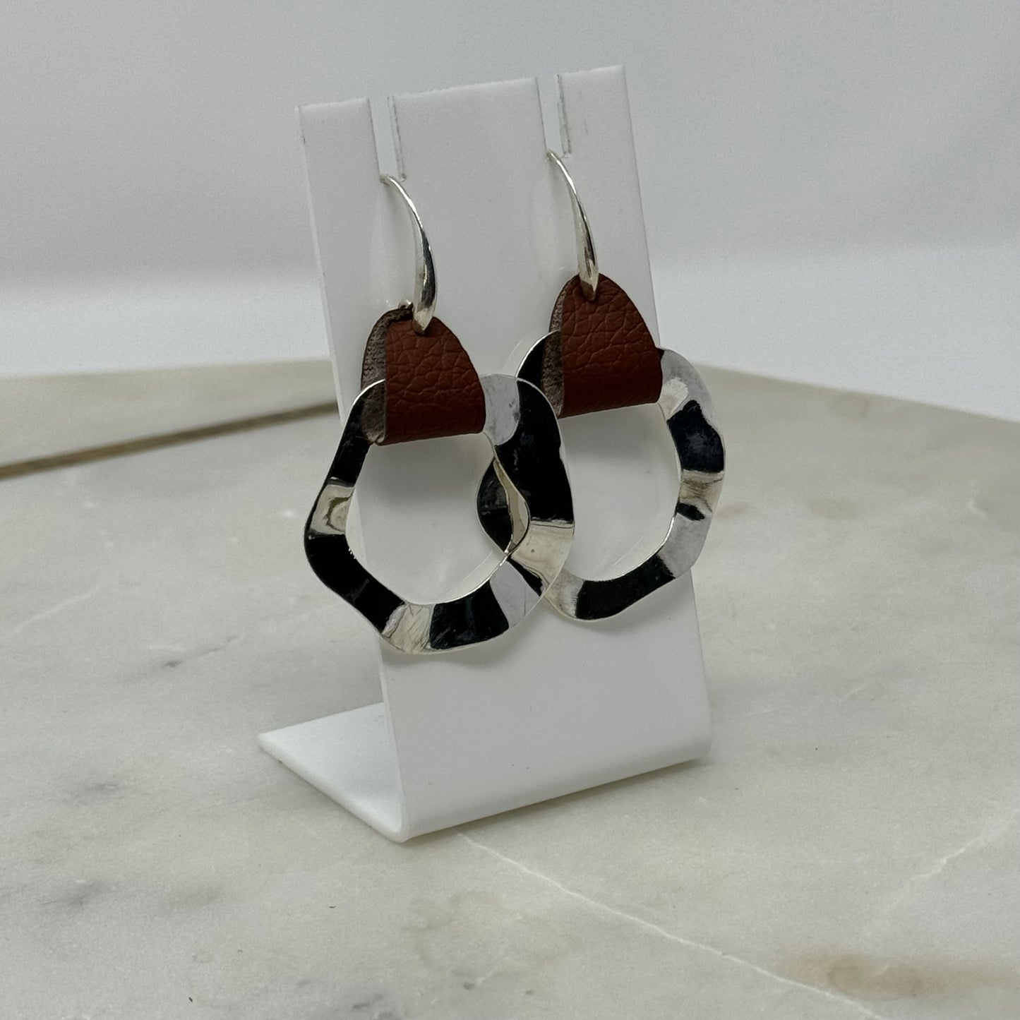 Earrings Boho Modern Southwest Leather Silver Tone Abstract Artisan Dangle Hook 2.5 in