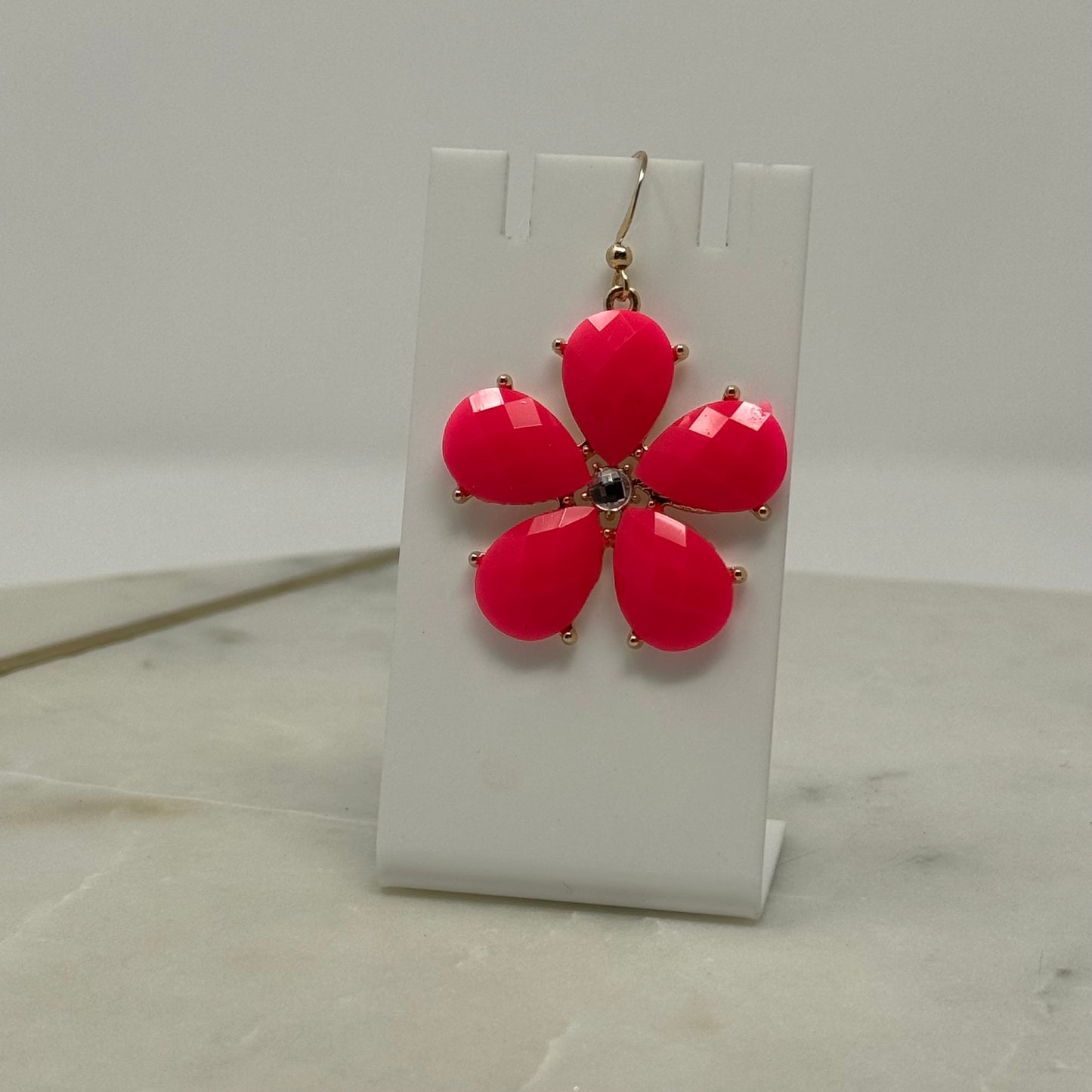 Vibrant Pink Flower Rhinestone Dangle Hook Earrings
