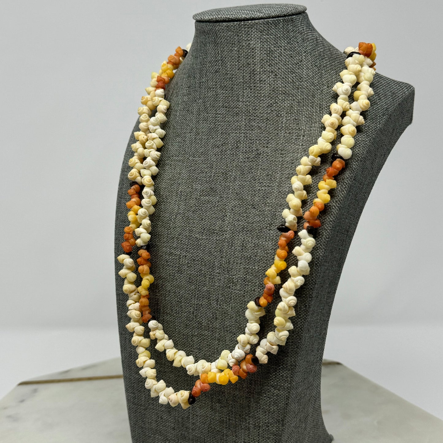 Boho Multi-Strand Shell Necklace Natural & Orange Tones Handmade Beach Statement Jewelry